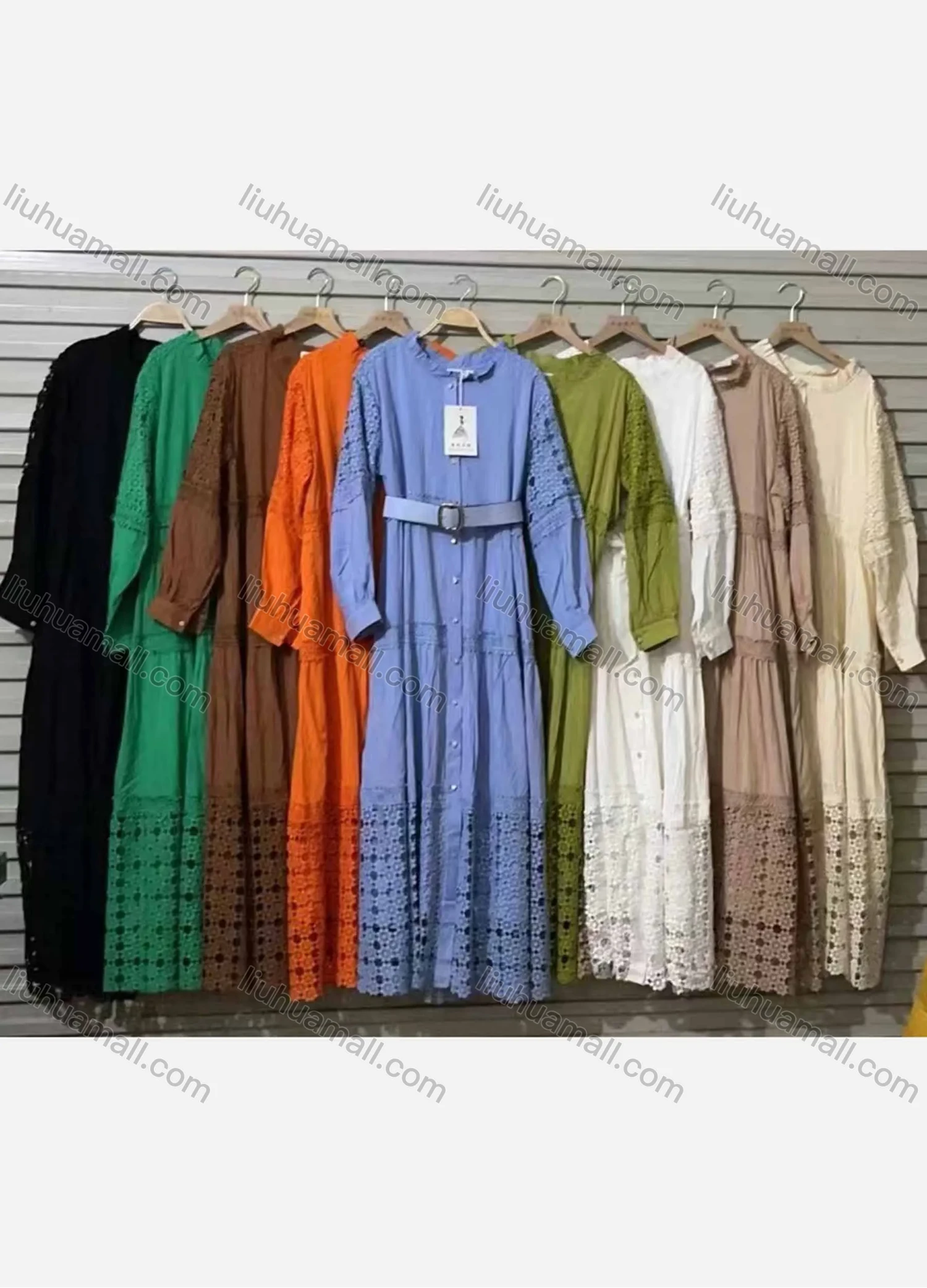 Wholesale Women's Casual Ruffle Hem Hollow Out Belted Button Down Maxi Dress - Liuhuamall