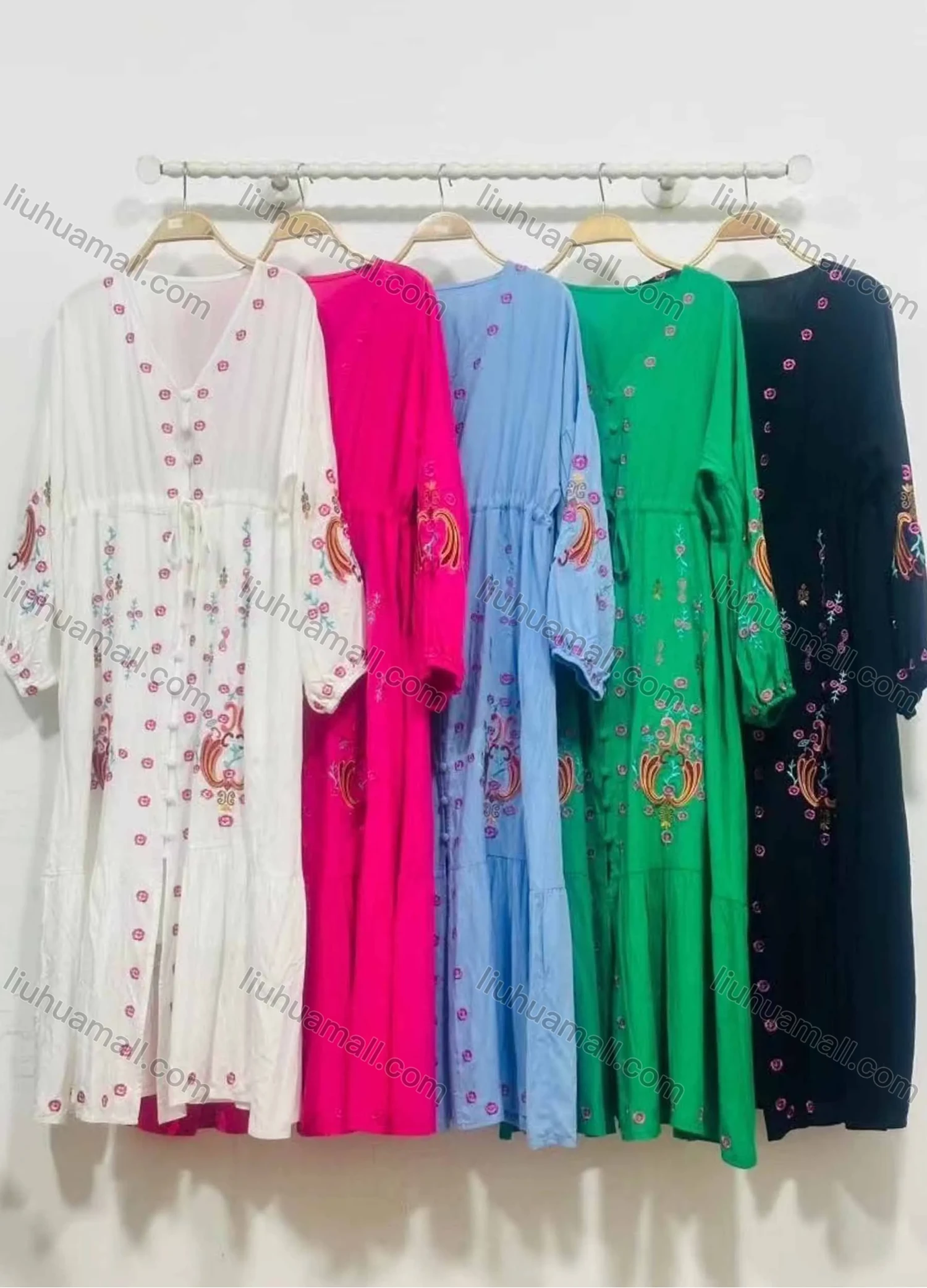 Wholesale Women's African Vintage V Neck Robe Floral Embroidery Lace Up Kaftan Dress - Liuhuamall
