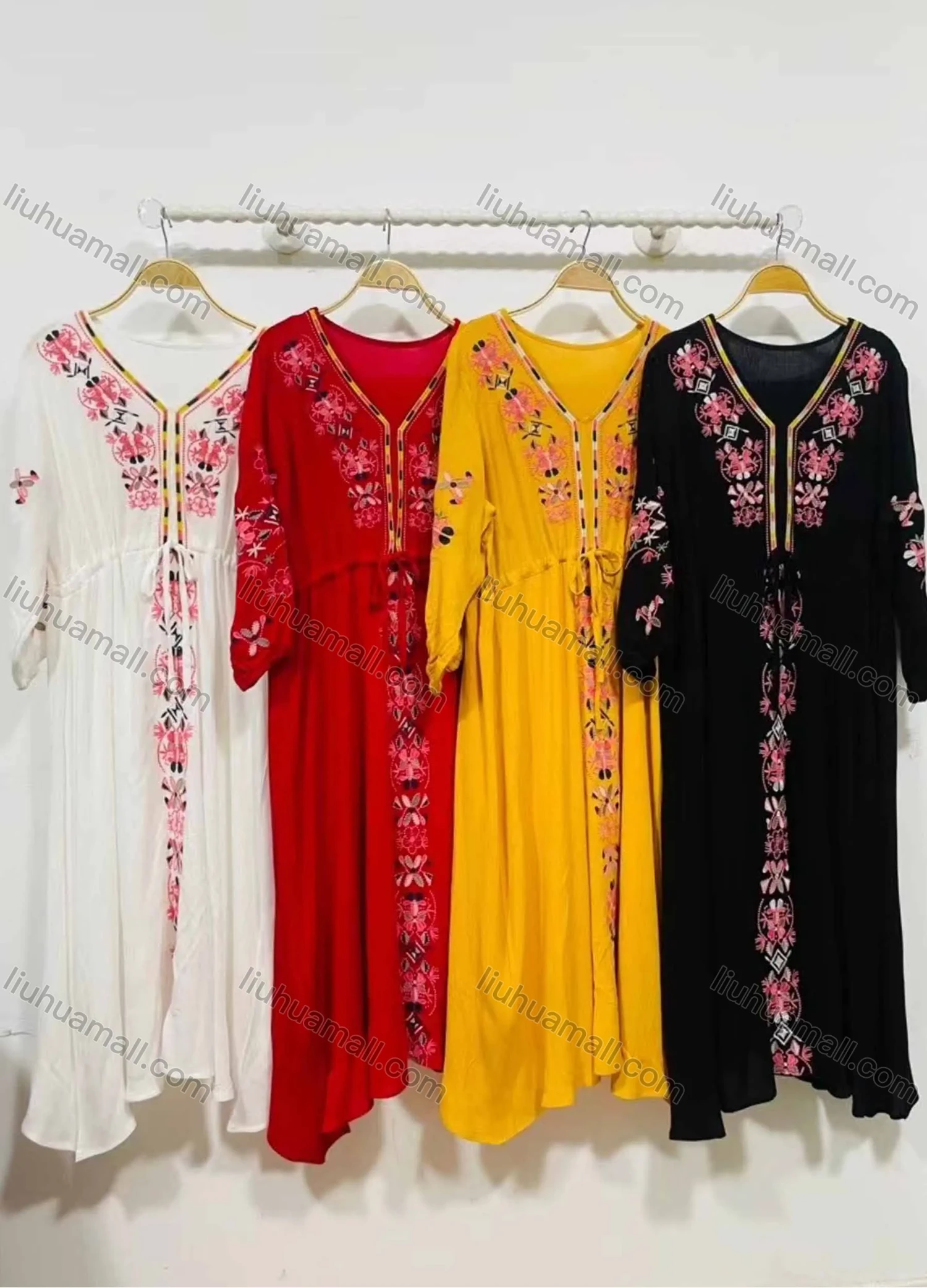 Wholesale Women's African Vintage V Neck Robe Floral Embroidery Lace Up Kaftan Dress - Liuhuamall