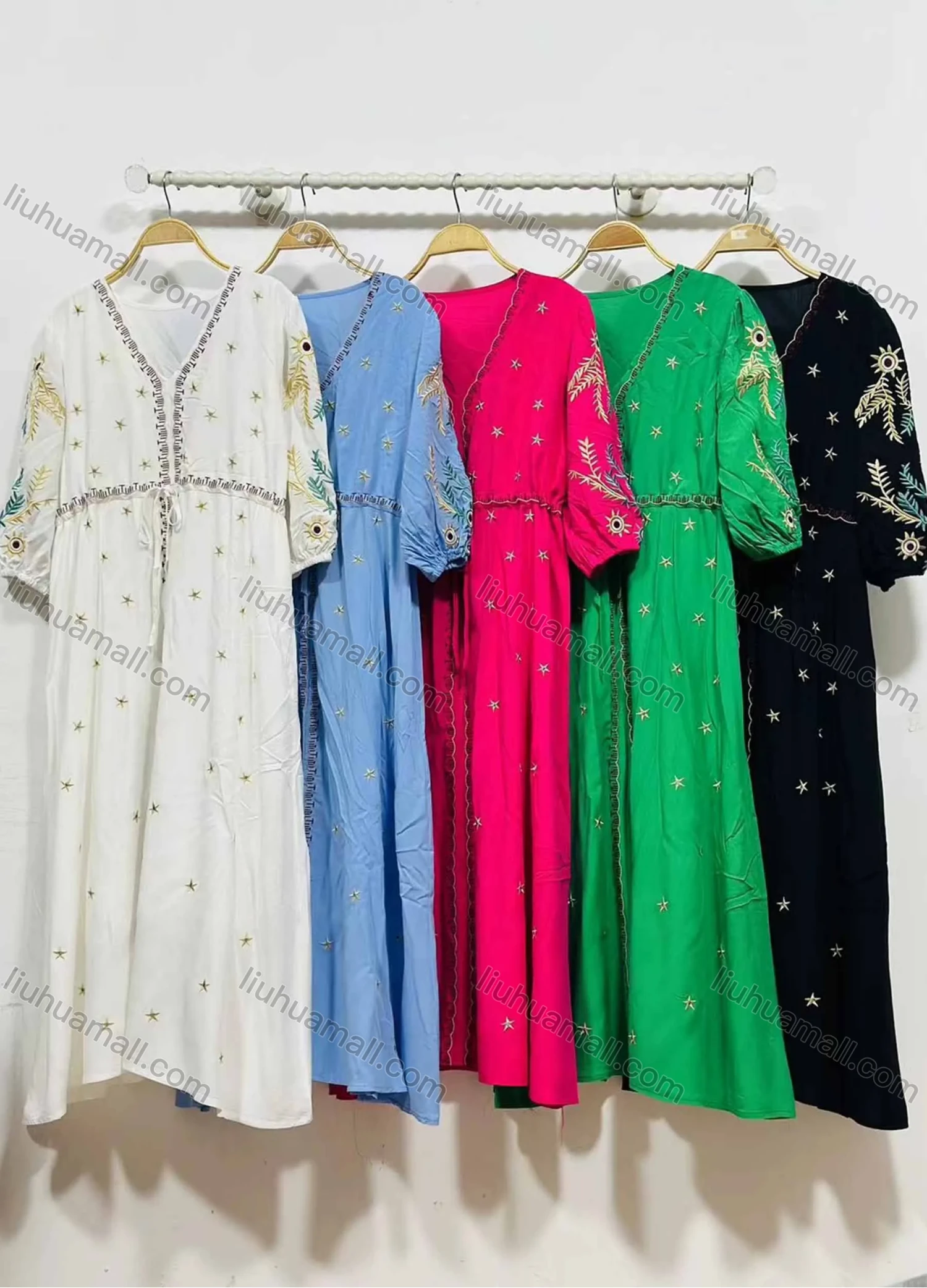 Wholesale Women's African Vintage V Neck Robe Star Print Embroidery Lace Up Kaftan Dress - Liuhuamall