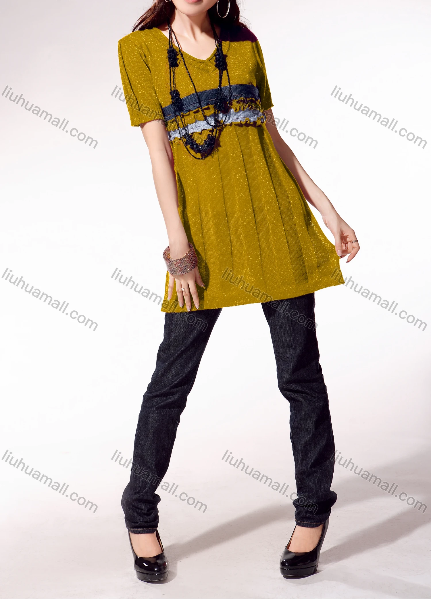 Wholesale Women's Casual V Neck Short Sleeve Splicing Lettuce Trim Sweater 4026# - Liuhuamall