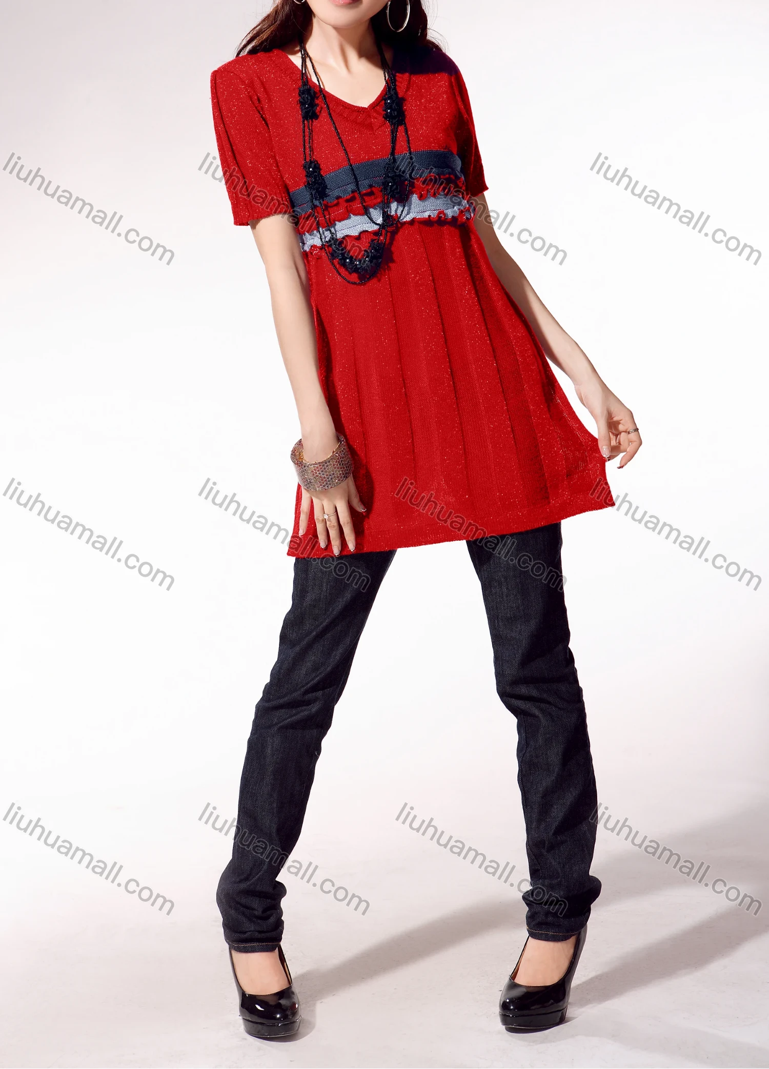 Wholesale Women's Casual V Neck Short Sleeve Splicing Lettuce Trim Sweater 4026# - Liuhuamall