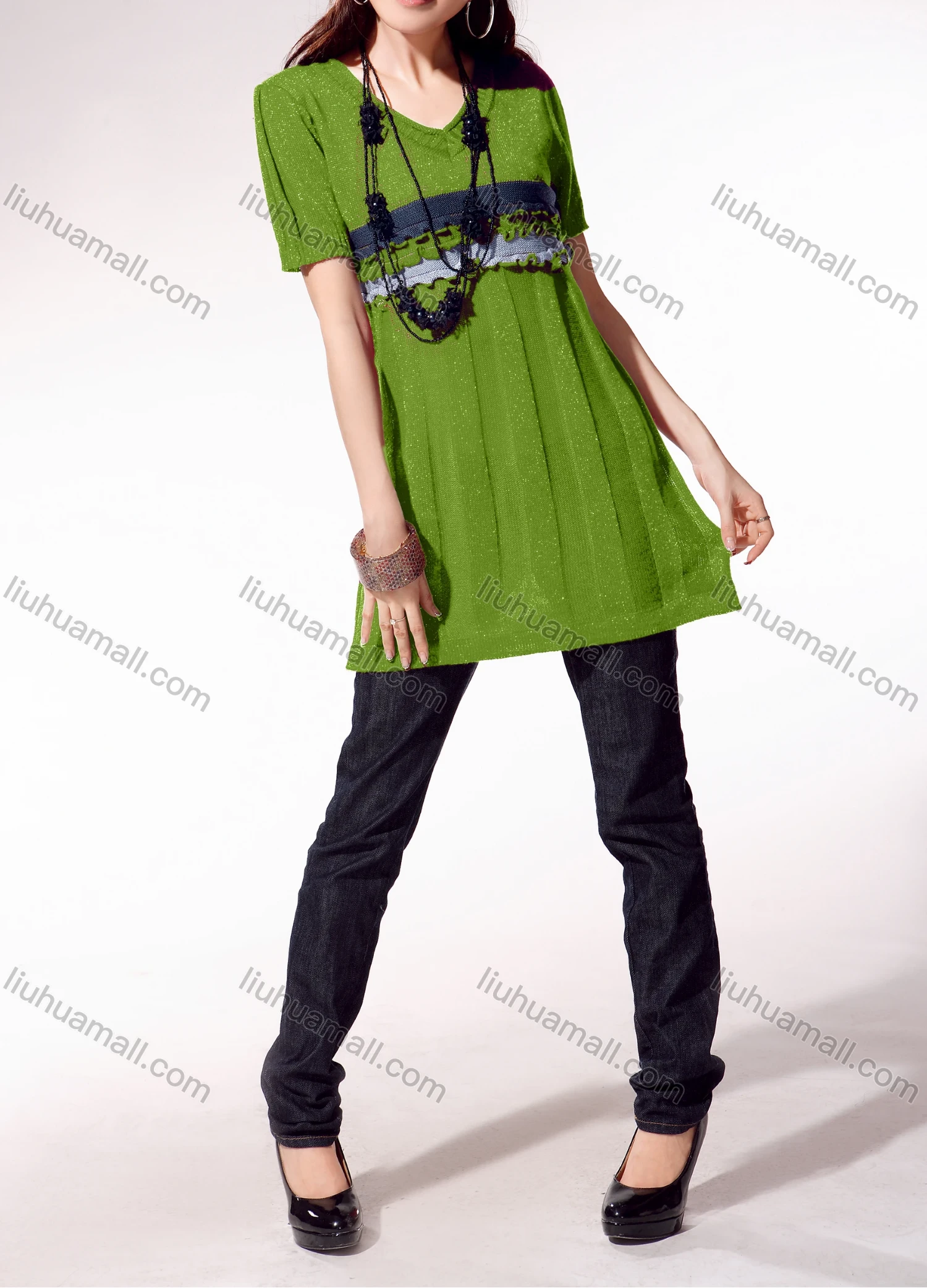 Wholesale Women's Casual V Neck Short Sleeve Splicing Lettuce Trim Sweater 4026# - Liuhuamall
