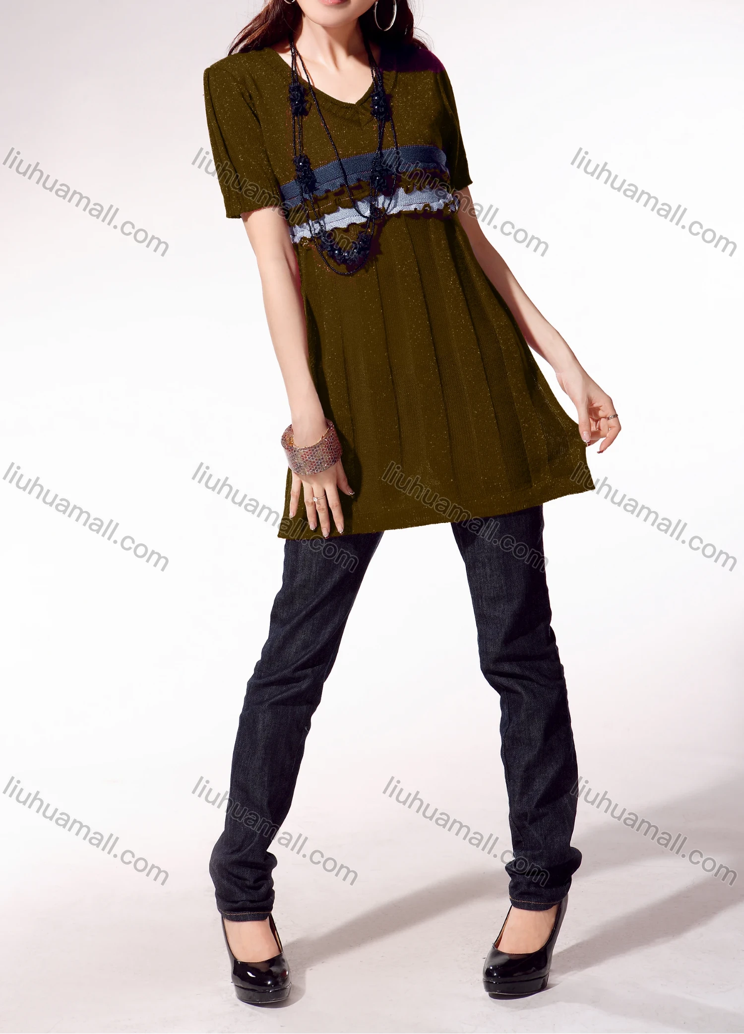 Wholesale Women's Casual V Neck Short Sleeve Splicing Lettuce Trim Sweater 4026# - Liuhuamall