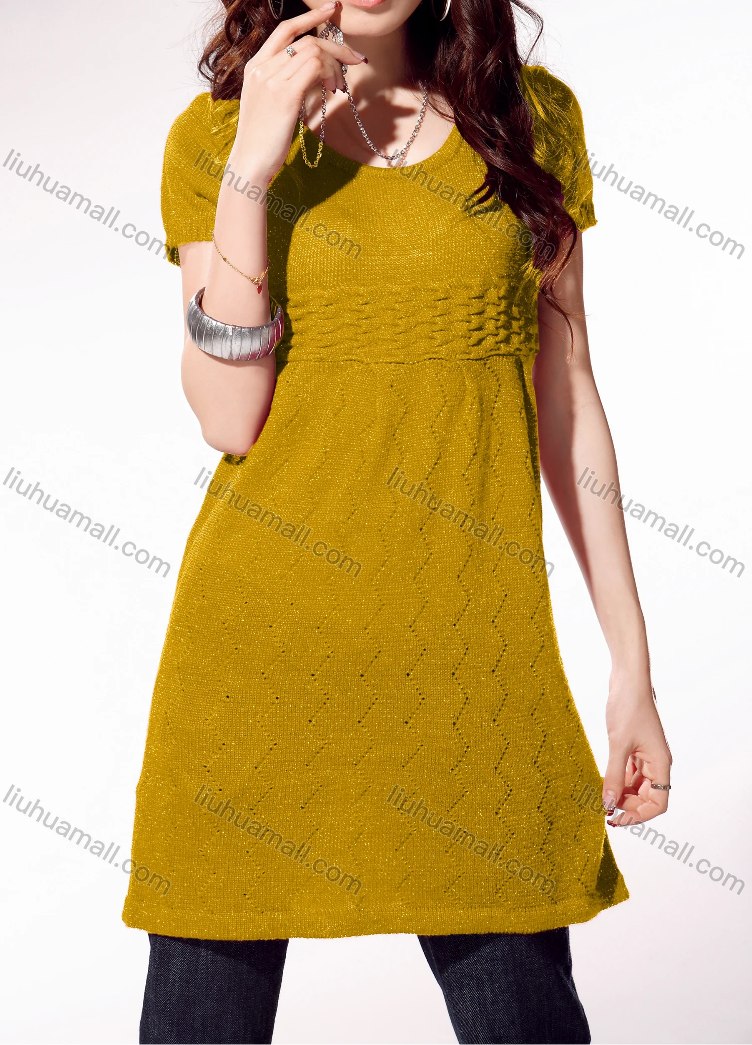 Wholesale Women's Casual Crew Neck Short Sleeve Plain Cable Knit Sweater 4031# - Liuhuamall