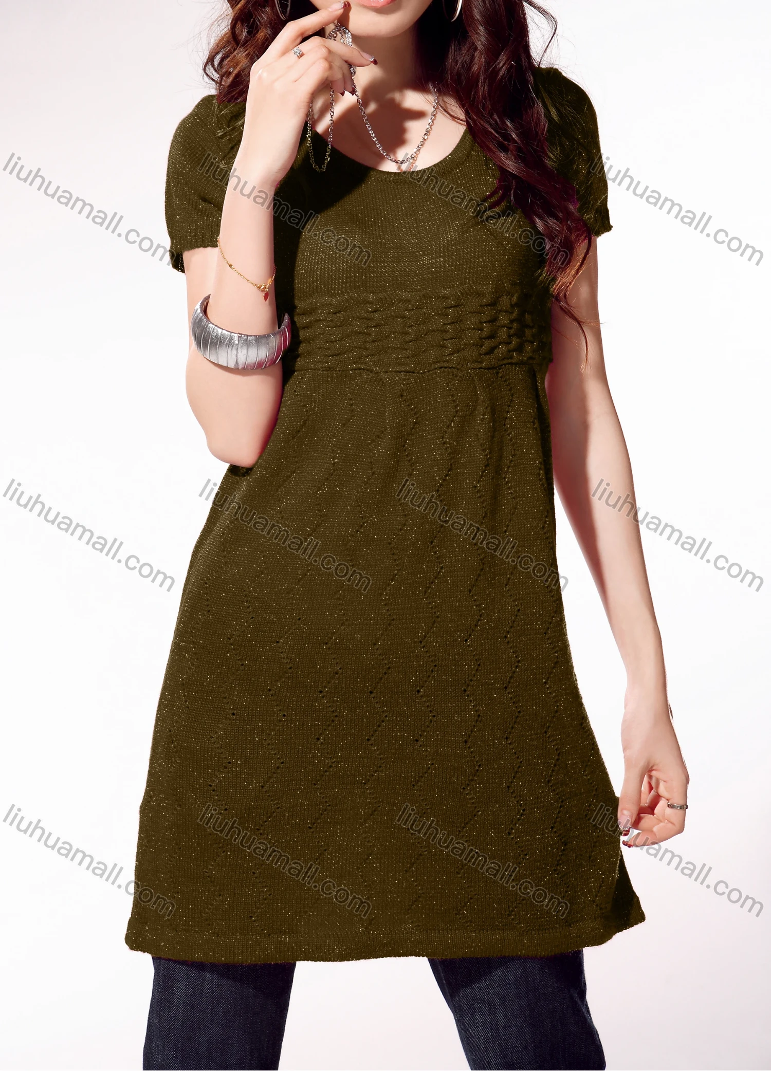 Wholesale Women's Casual Crew Neck Short Sleeve Plain Cable Knit Sweater 4031# - Liuhuamall