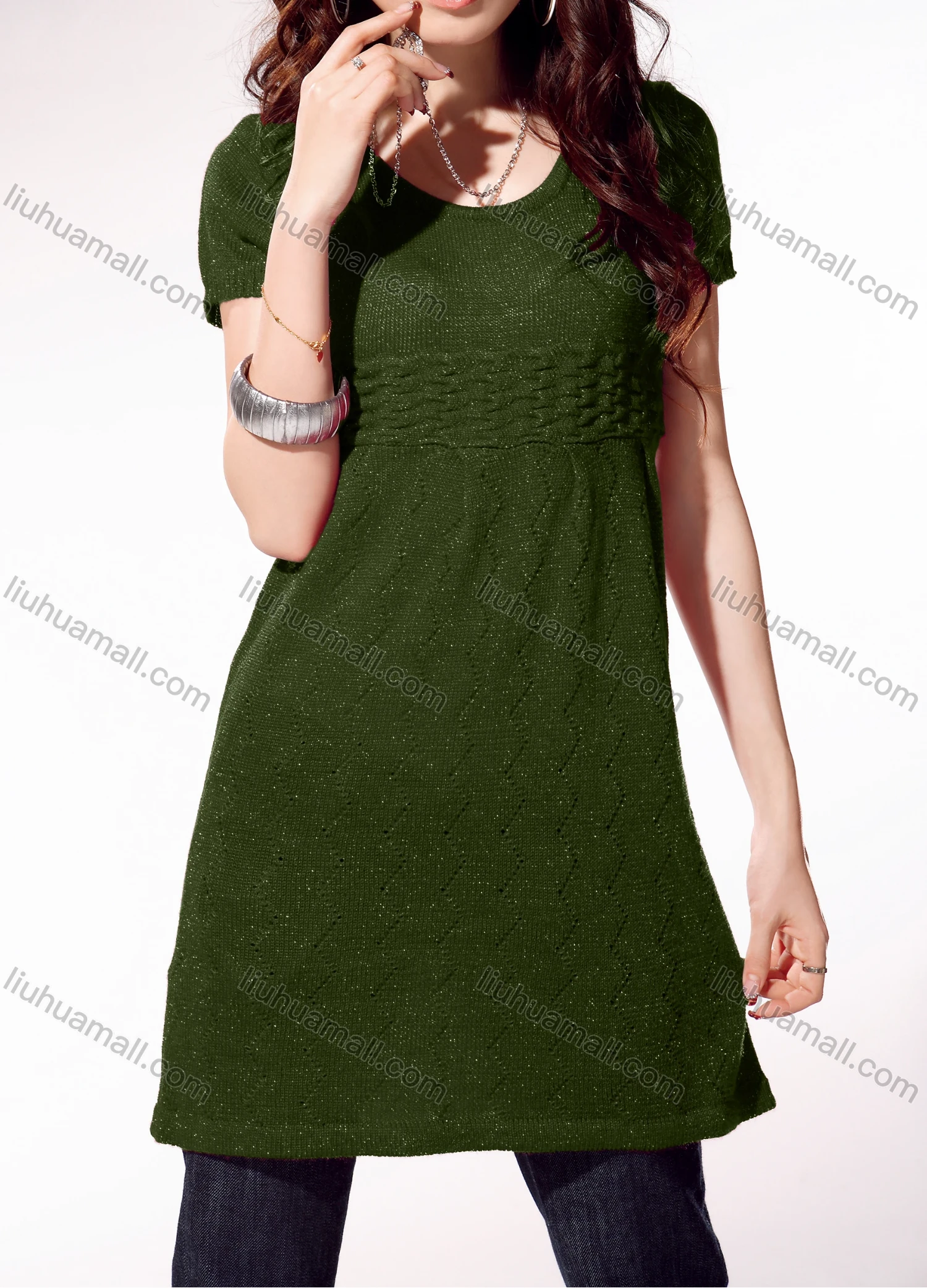 Wholesale Women's Casual Crew Neck Short Sleeve Plain Cable Knit Sweater 4031# - Liuhuamall