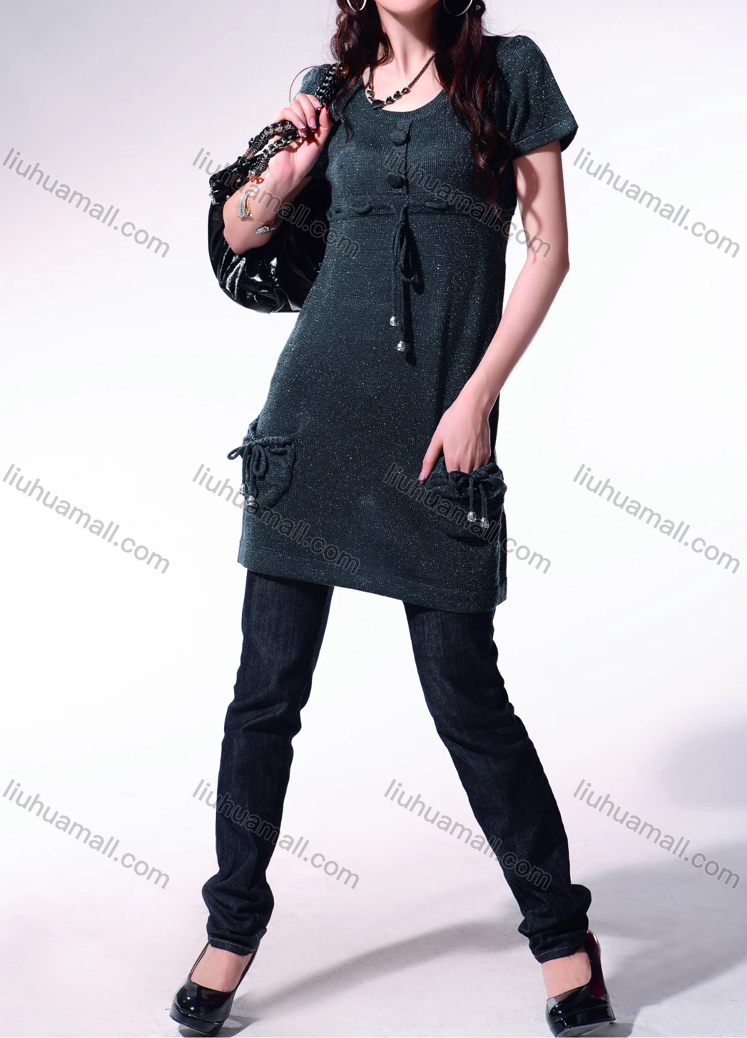 Wholesale Women's Casual Crew Neck Short Sleeve Plain Patch Pocket Tie Front Sweater 4040# - Liuhuamall