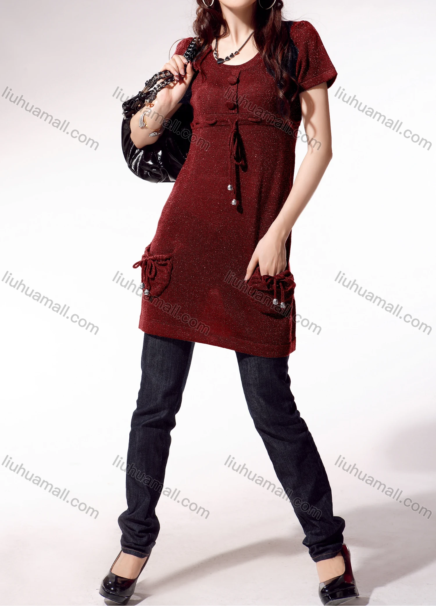 Wholesale Women's Casual Crew Neck Short Sleeve Plain Patch Pocket Tie Front Sweater 4040# - Liuhuamall