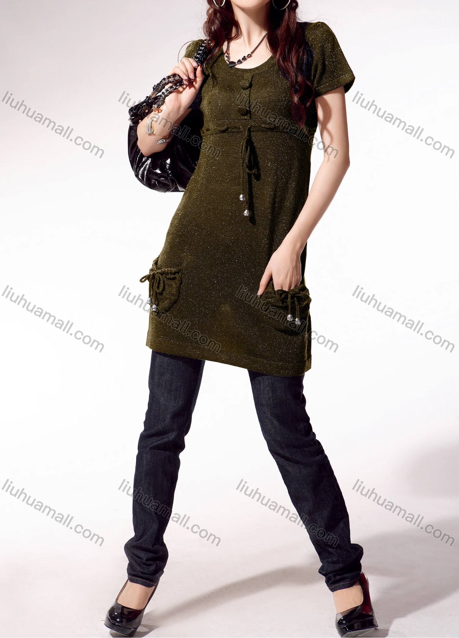 Wholesale Women's Casual Crew Neck Short Sleeve Plain Patch Pocket Tie Front Sweater 4040# - Liuhuamall