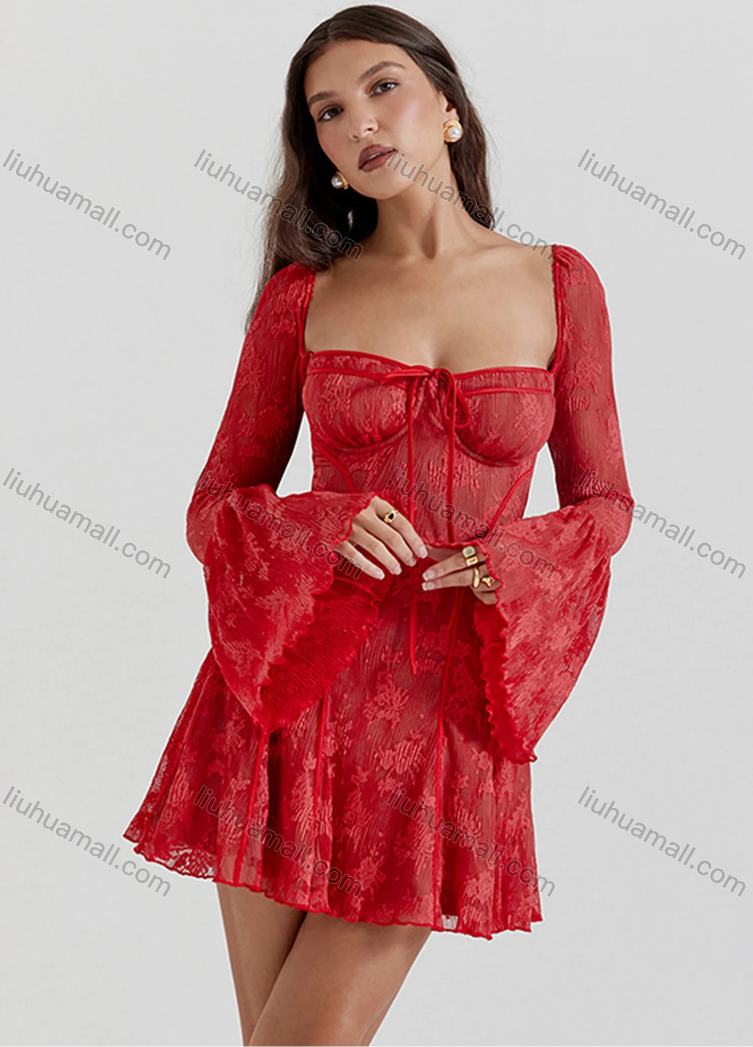 Wholesale Women's Elegant Trumpet Sleeve Square Neck Drawstring Sheer Lace Open Back Ruffle Hem Short Dress - Liuhuamall