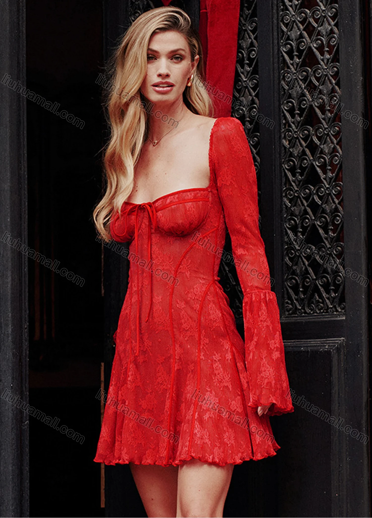 Wholesale Women's Elegant Trumpet Sleeve Square Neck Drawstring Sheer Lace Open Back Ruffle Hem Short Dress - Liuhuamall