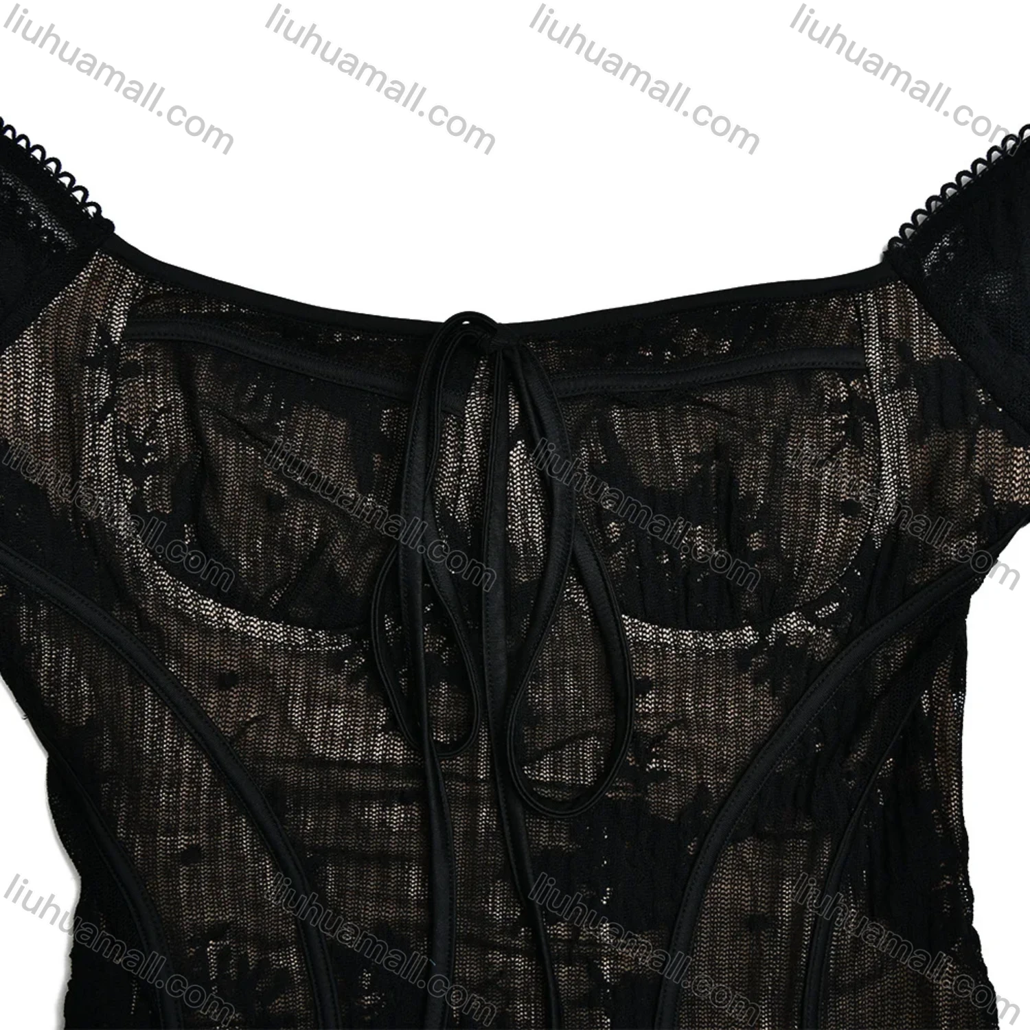 Wholesale Women's Elegant Trumpet Sleeve Square Neck Drawstring Sheer Lace Open Back Ruffle Hem Short Dress - Liuhuamall