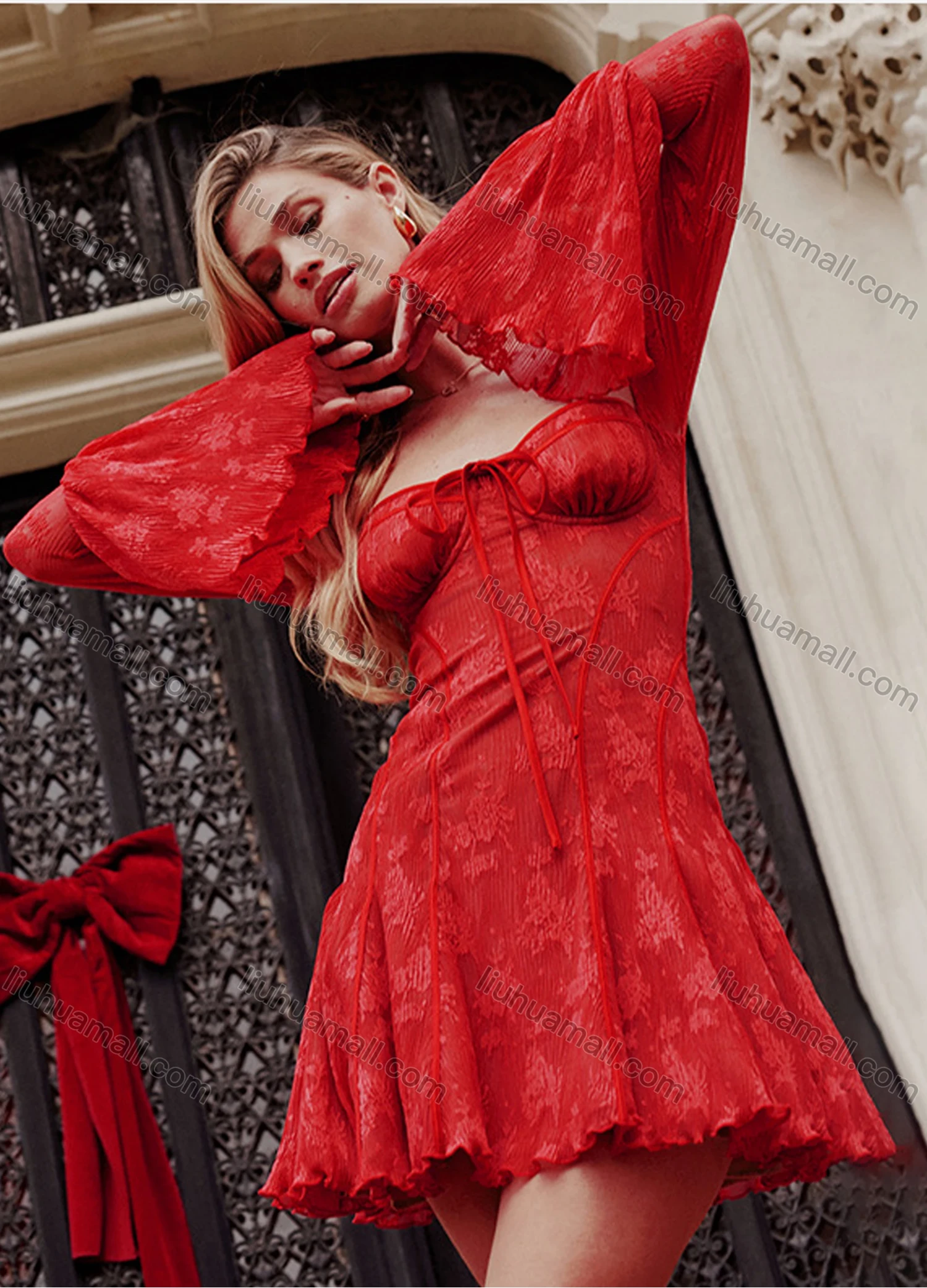 Wholesale Women's Elegant Trumpet Sleeve Square Neck Drawstring Sheer Lace Open Back Ruffle Hem Short Dress - Liuhuamall