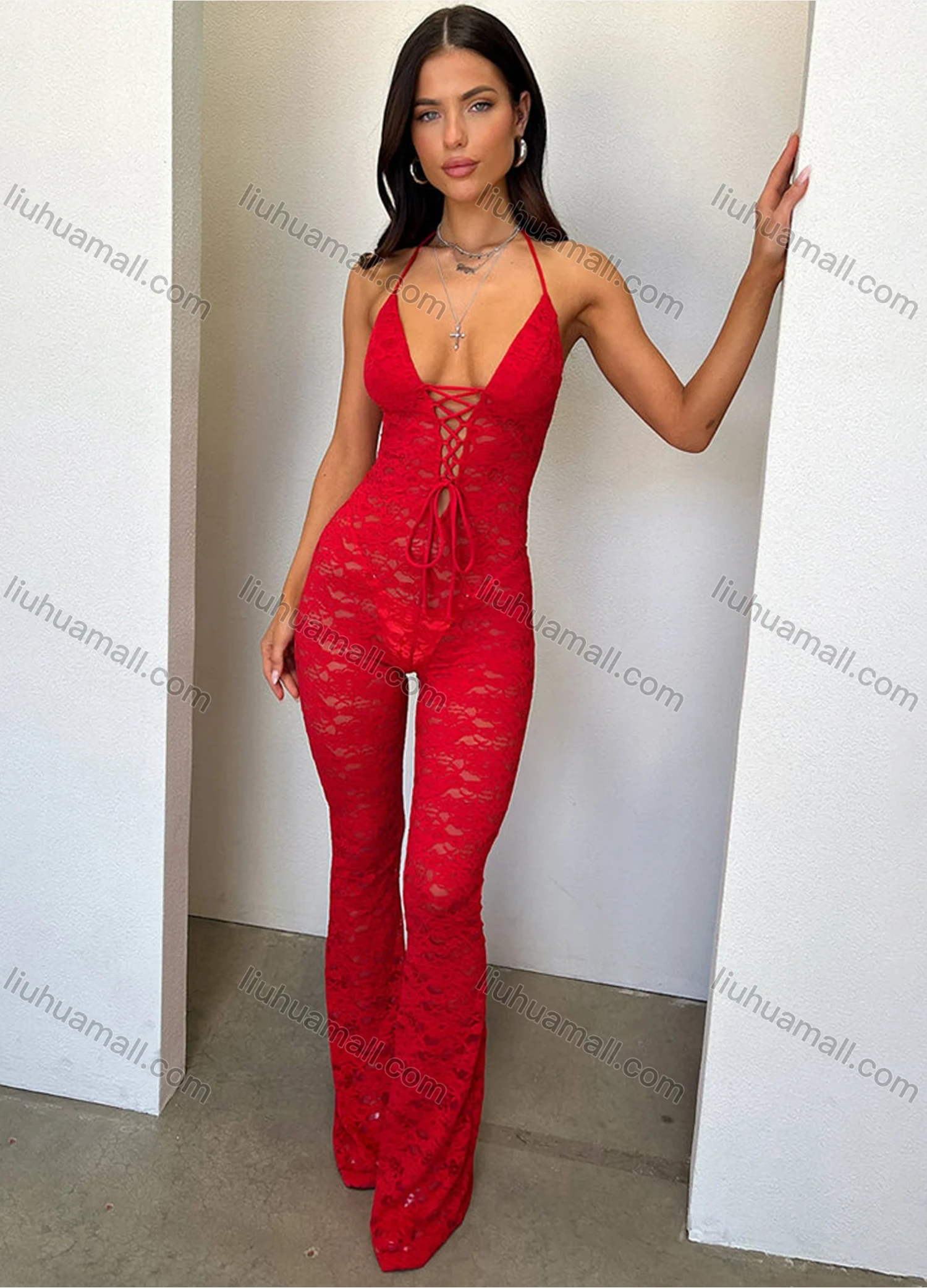 Wholesale Women's Casual Halter Lace Up Guipure Lace Jumpsuit - Liuhuamall