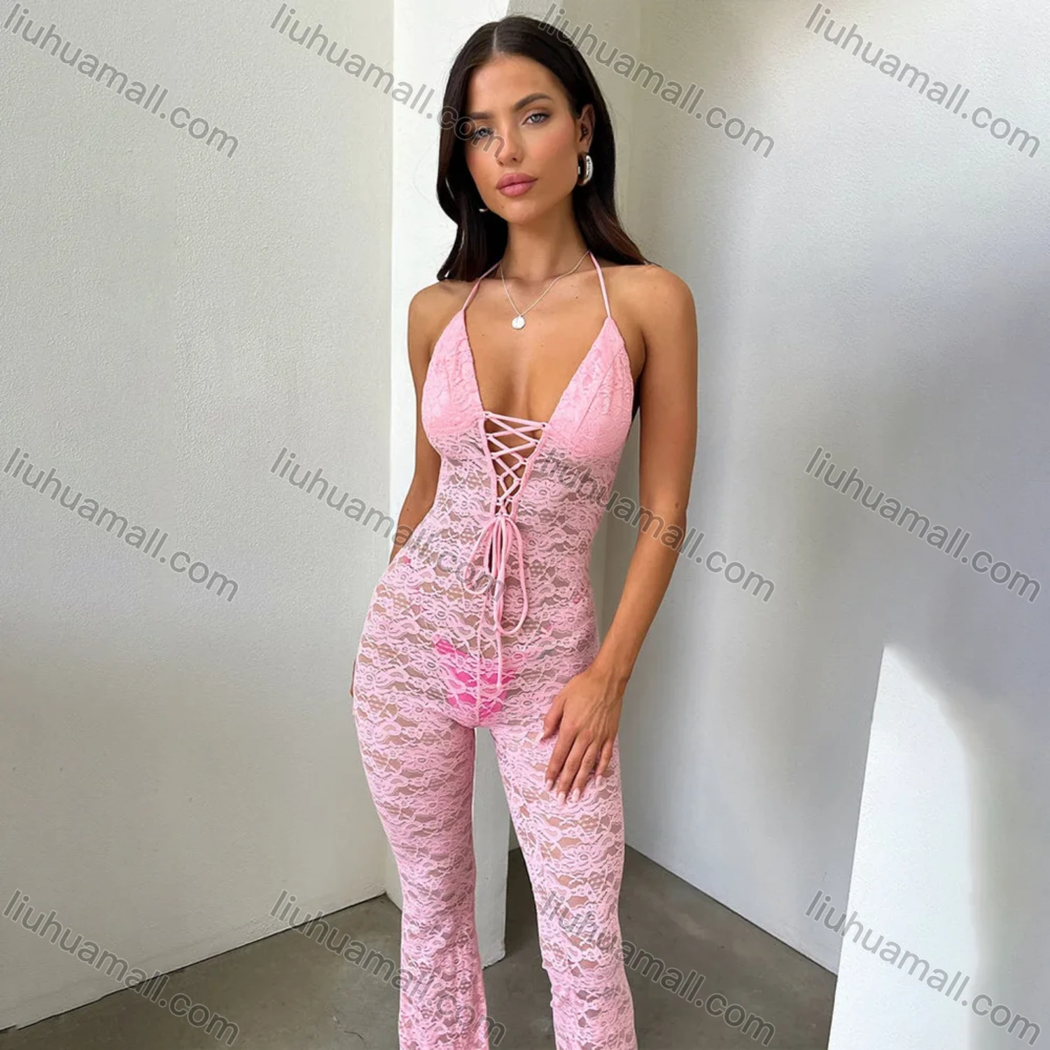 Wholesale Women's Casual Halter Lace Up Guipure Lace Jumpsuit - Liuhuamall