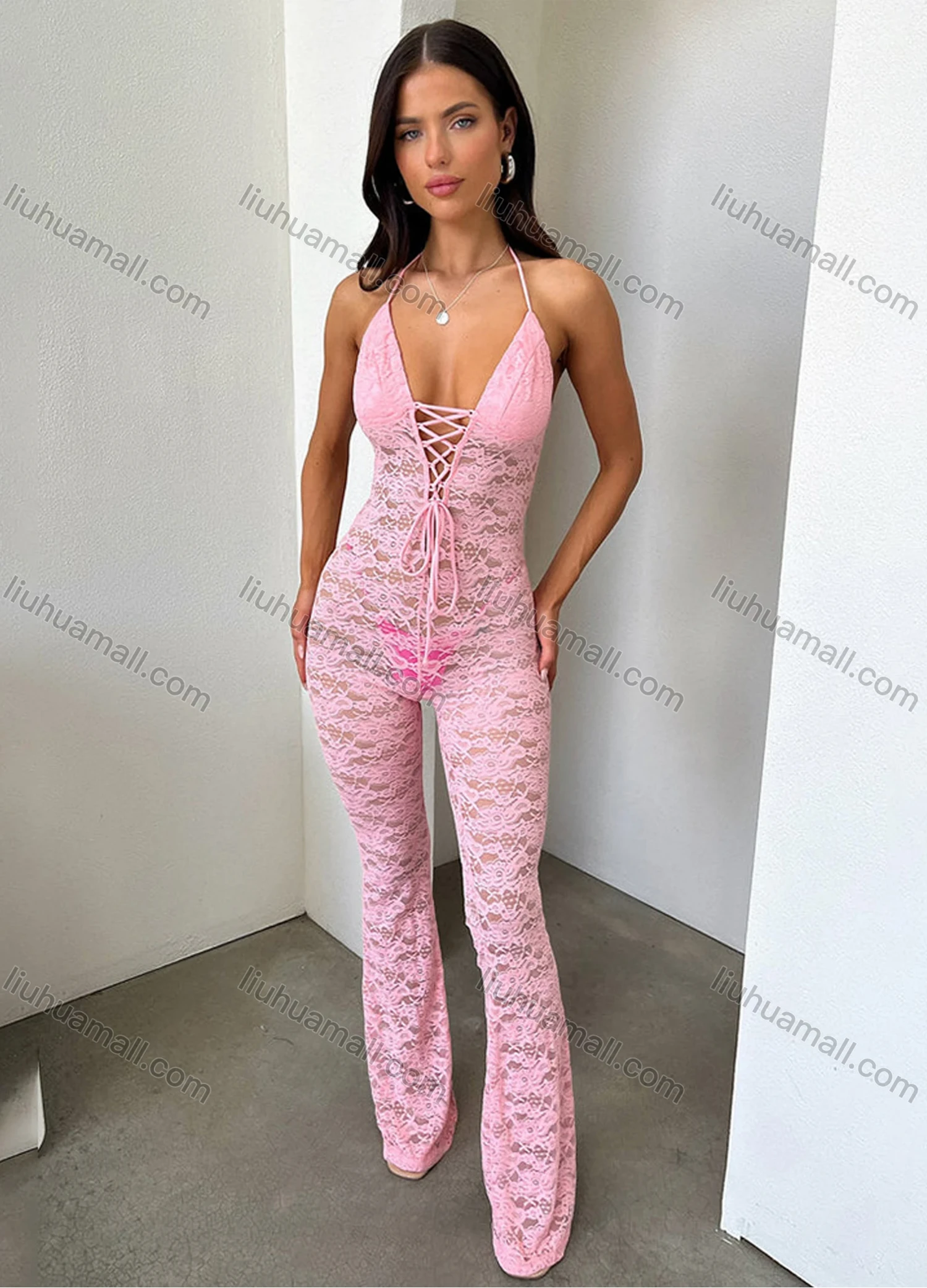 Wholesale Women's Casual Halter Lace Up Guipure Lace Jumpsuit - Liuhuamall