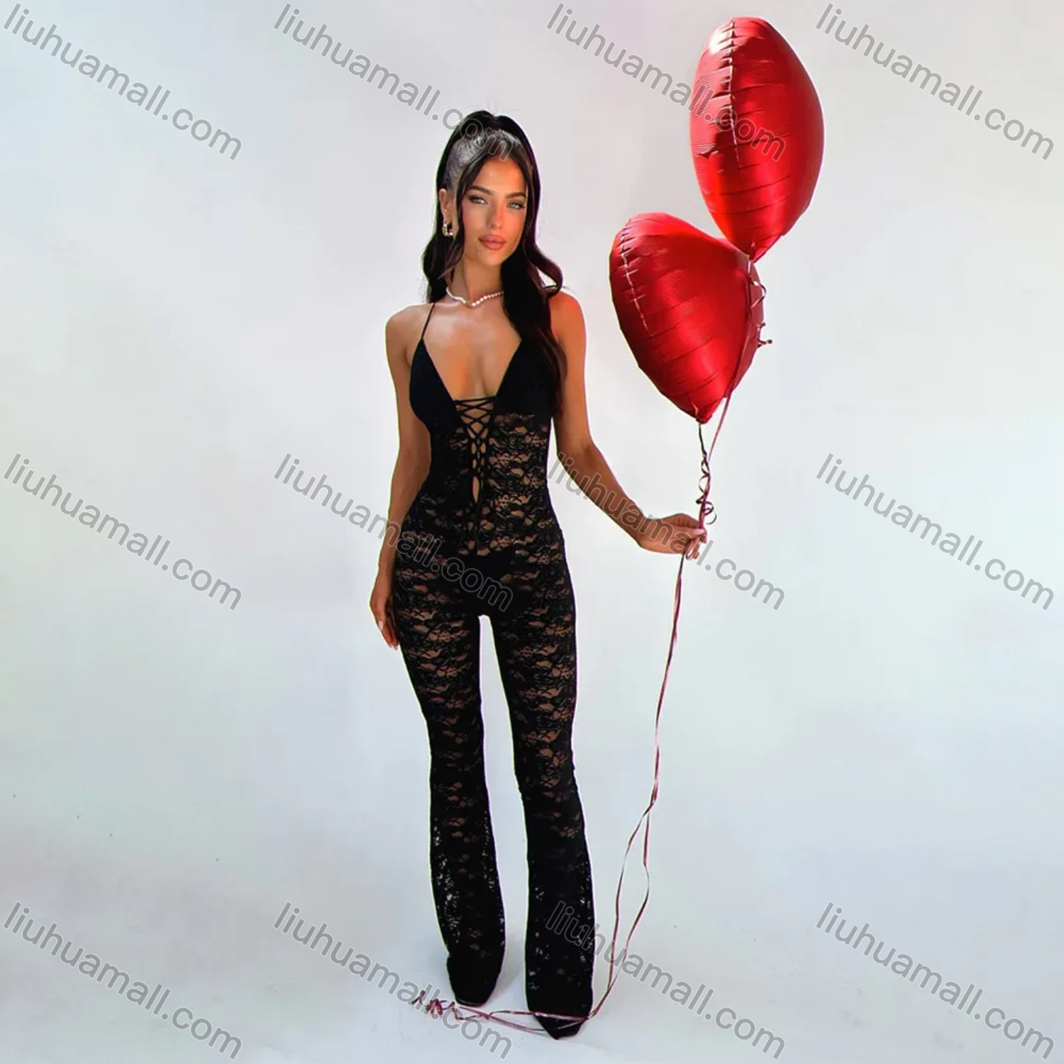 Wholesale Women's Casual Halter Lace Up Guipure Lace Jumpsuit - Liuhuamall