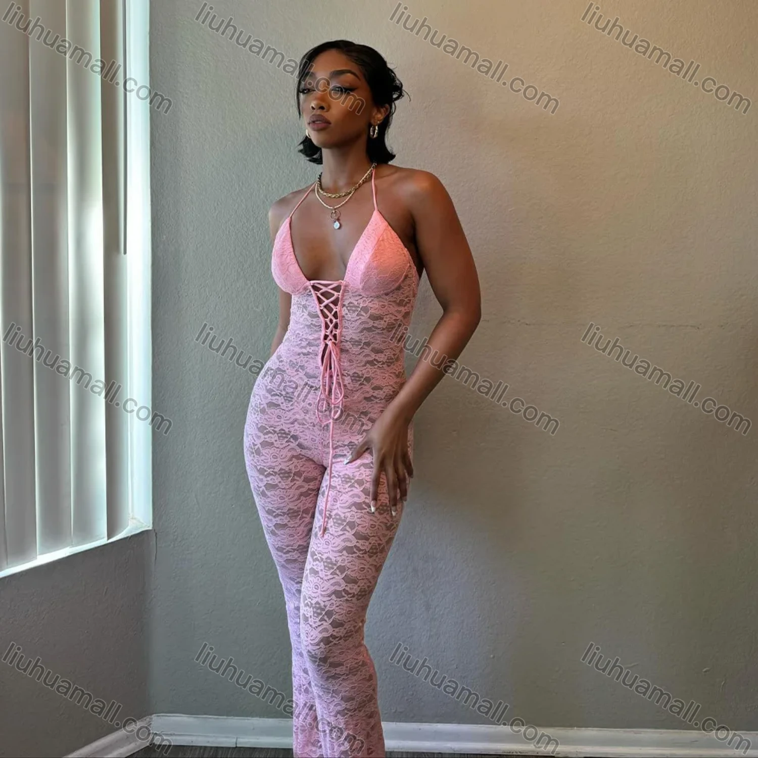 Wholesale Women's Casual Halter Lace Up Guipure Lace Jumpsuit - Liuhuamall