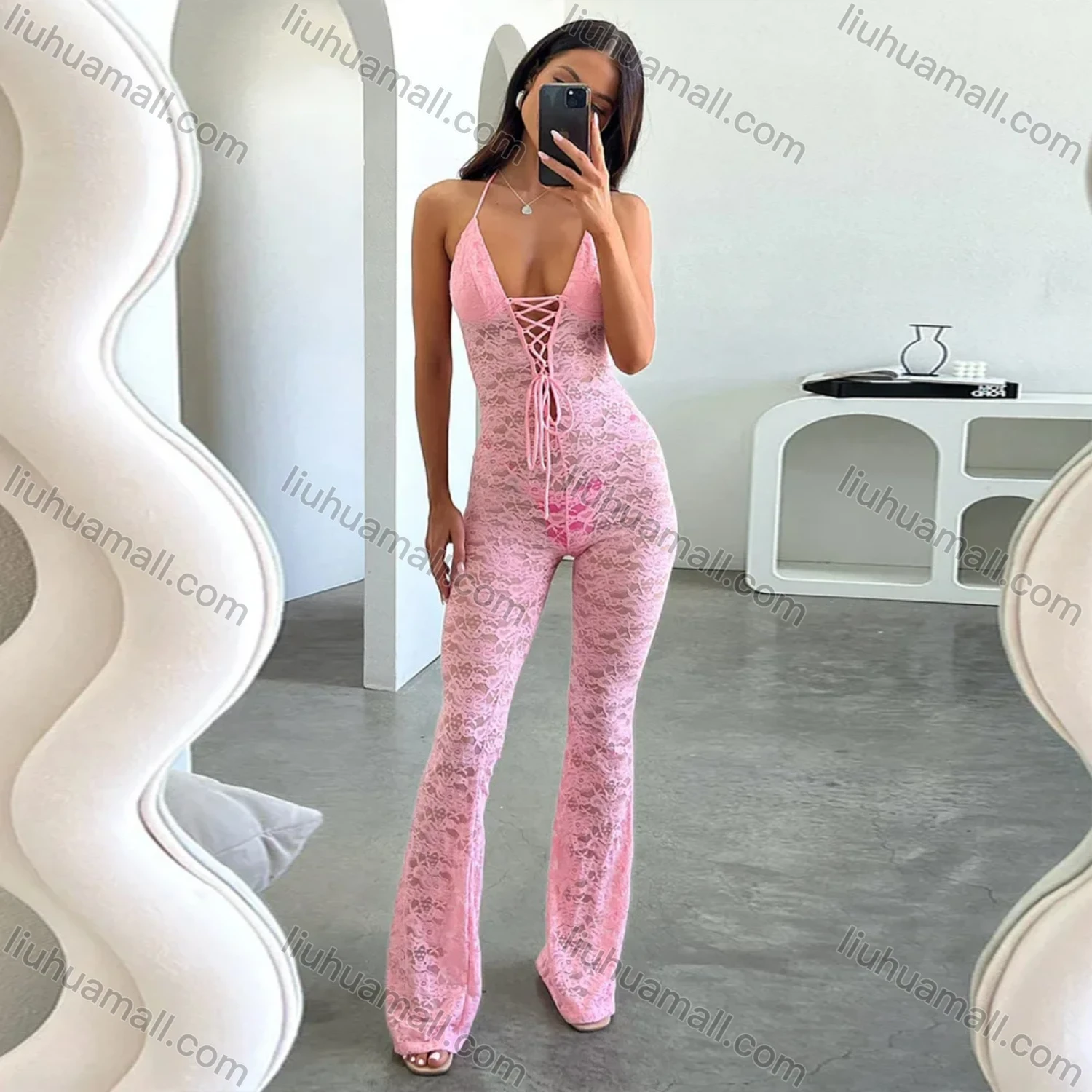 Wholesale Women's Casual Halter Lace Up Guipure Lace Jumpsuit - Liuhuamall