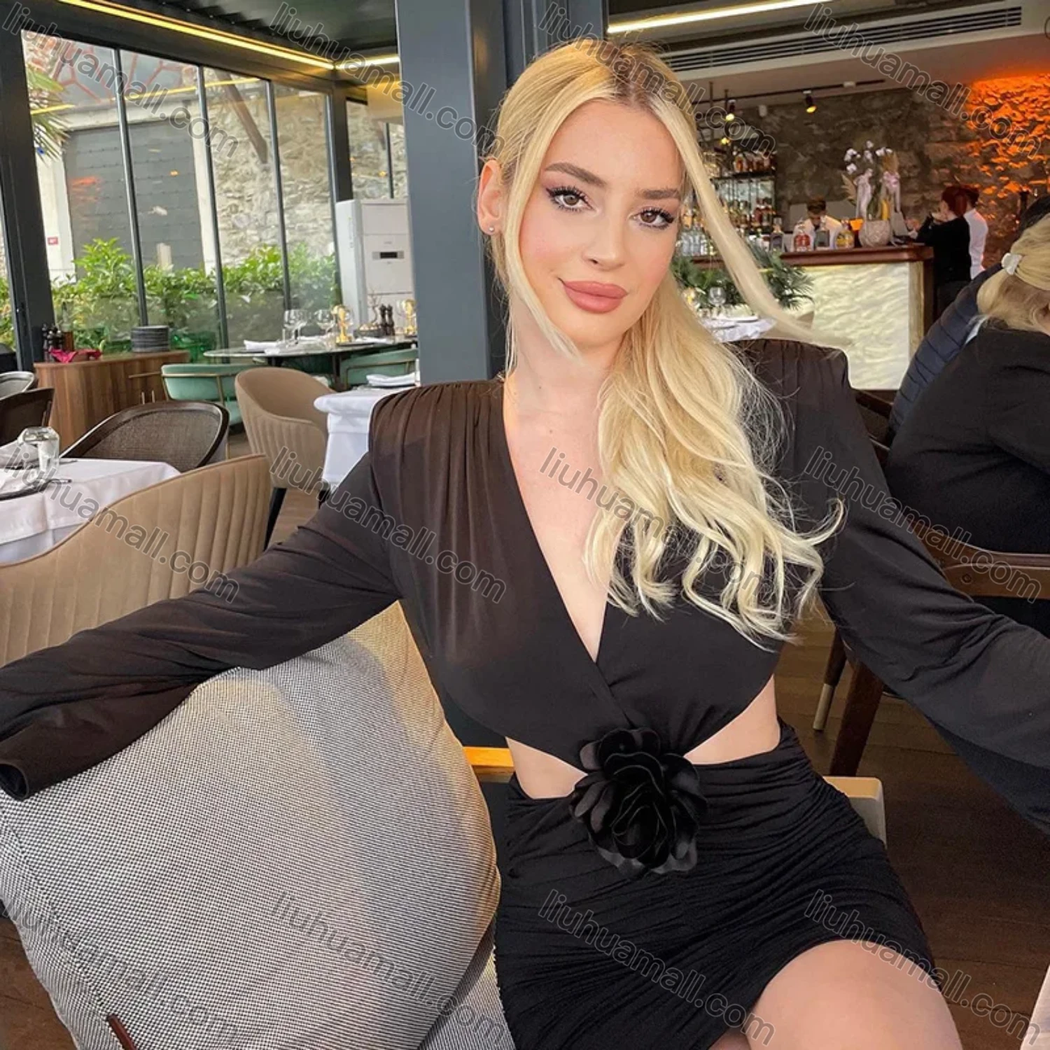 Wholesale Women's Sexy Plunge Neck Kimono Sleeve Open Back 3D Floral Ruched Splicing Mini Evening Dress - Liuhuamall