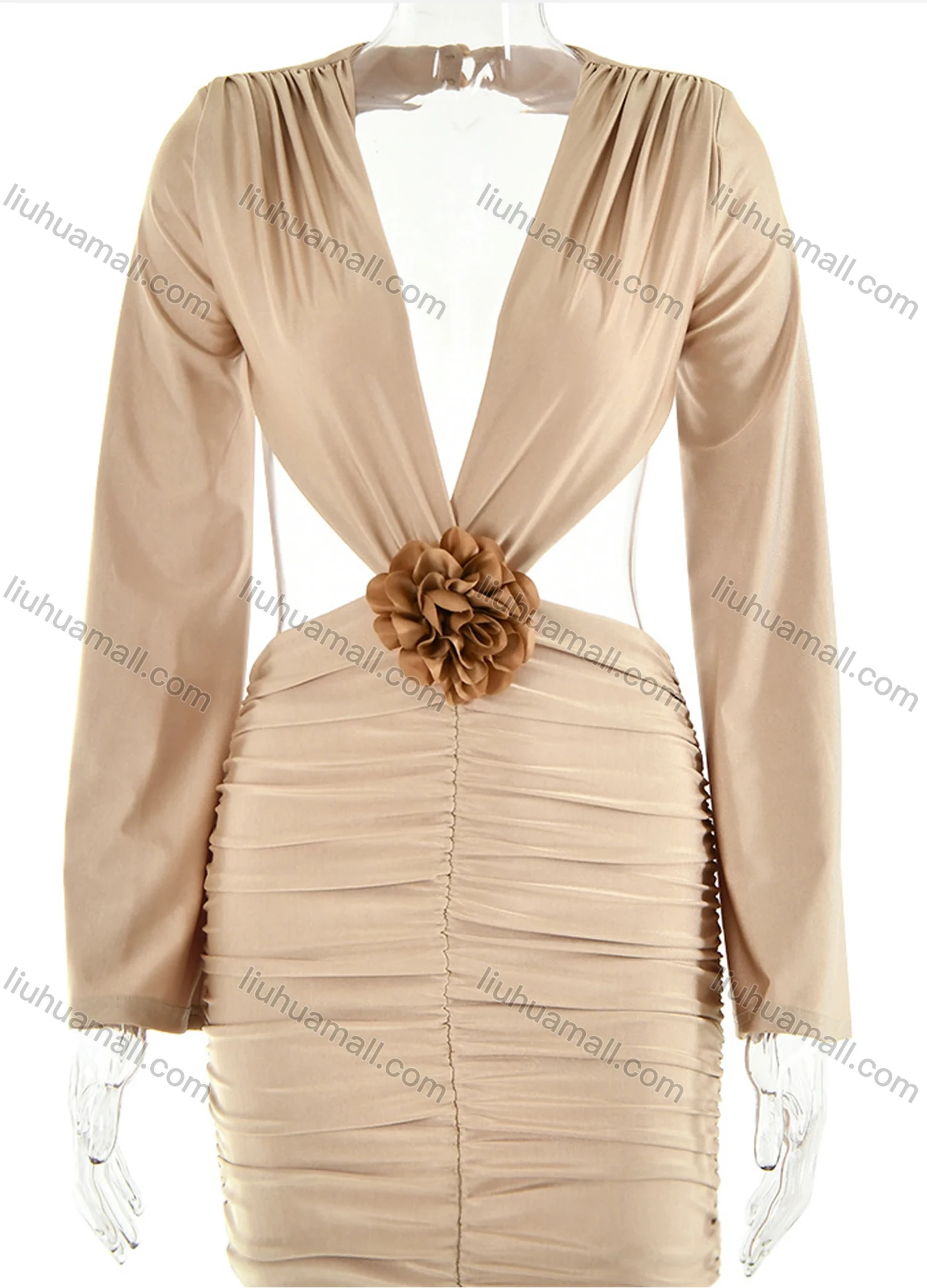 Wholesale Women's Sexy Plunge Neck Kimono Sleeve Open Back 3D Floral Ruched Splicing Mini Evening Dress - Liuhuamall