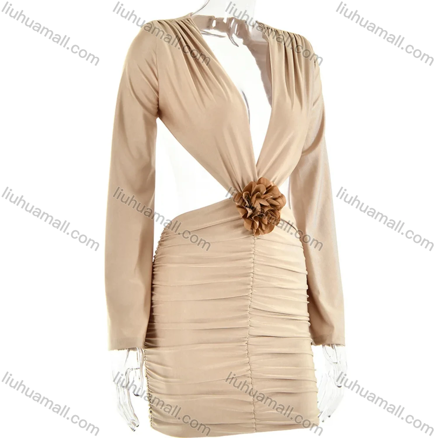 Wholesale Women's Sexy Plunge Neck Kimono Sleeve Open Back 3D Floral Ruched Splicing Mini Evening Dress - Liuhuamall