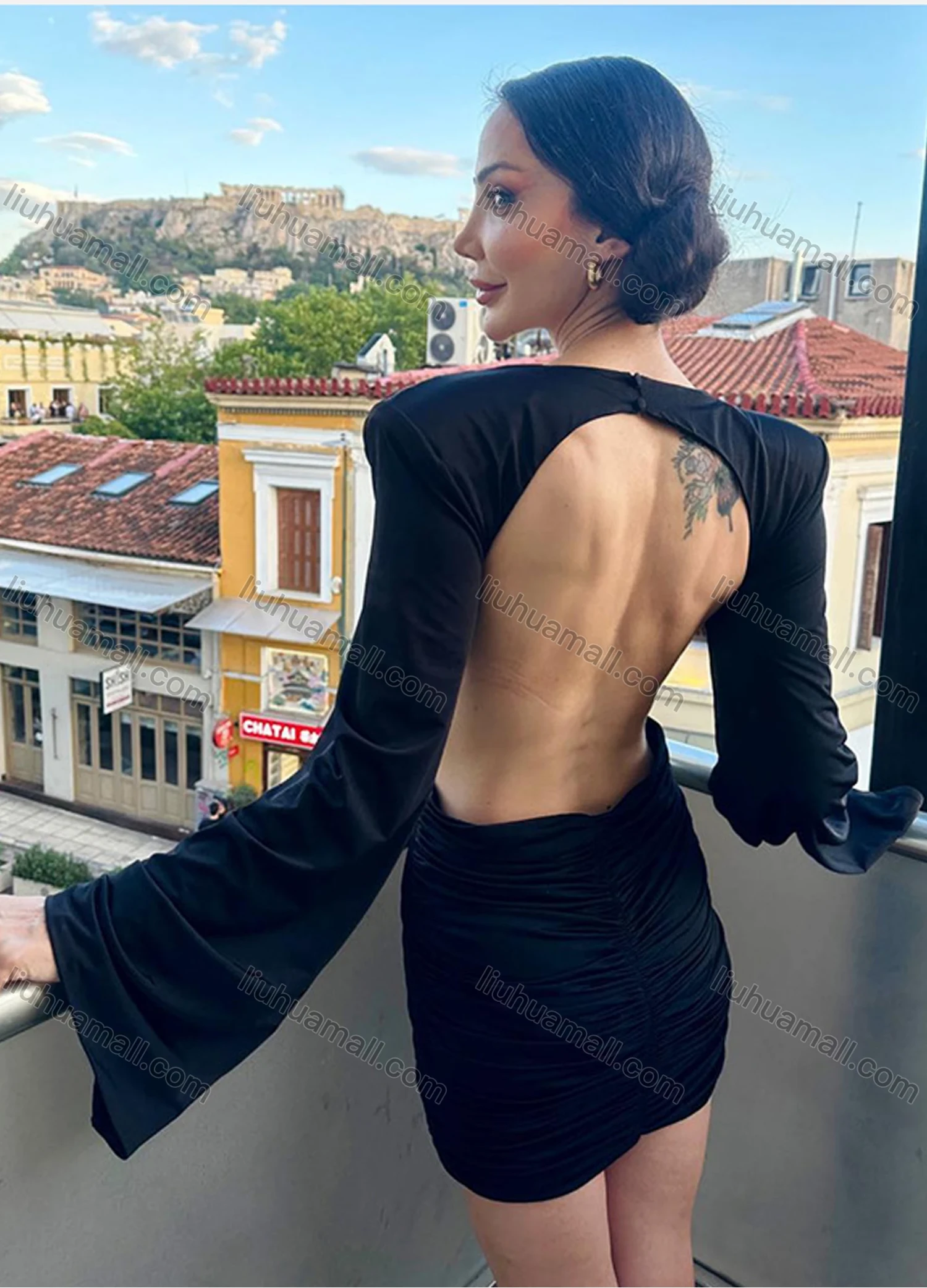 Wholesale Women's Sexy Plunge Neck Kimono Sleeve Open Back 3D Floral Ruched Splicing Mini Evening Dress - Liuhuamall