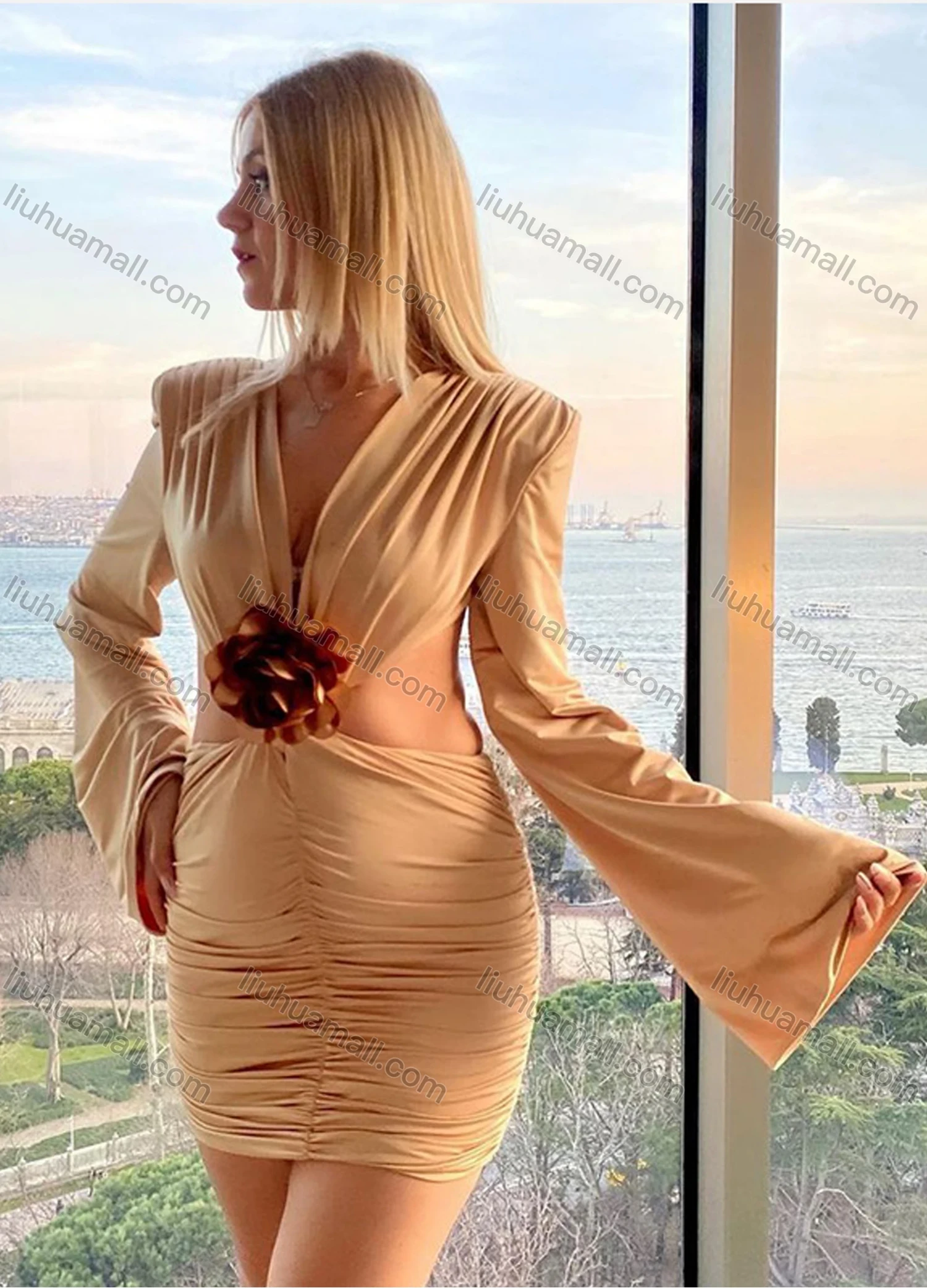 Wholesale Women's Sexy Plunge Neck Kimono Sleeve Open Back 3D Floral Ruched Splicing Mini Evening Dress - Liuhuamall