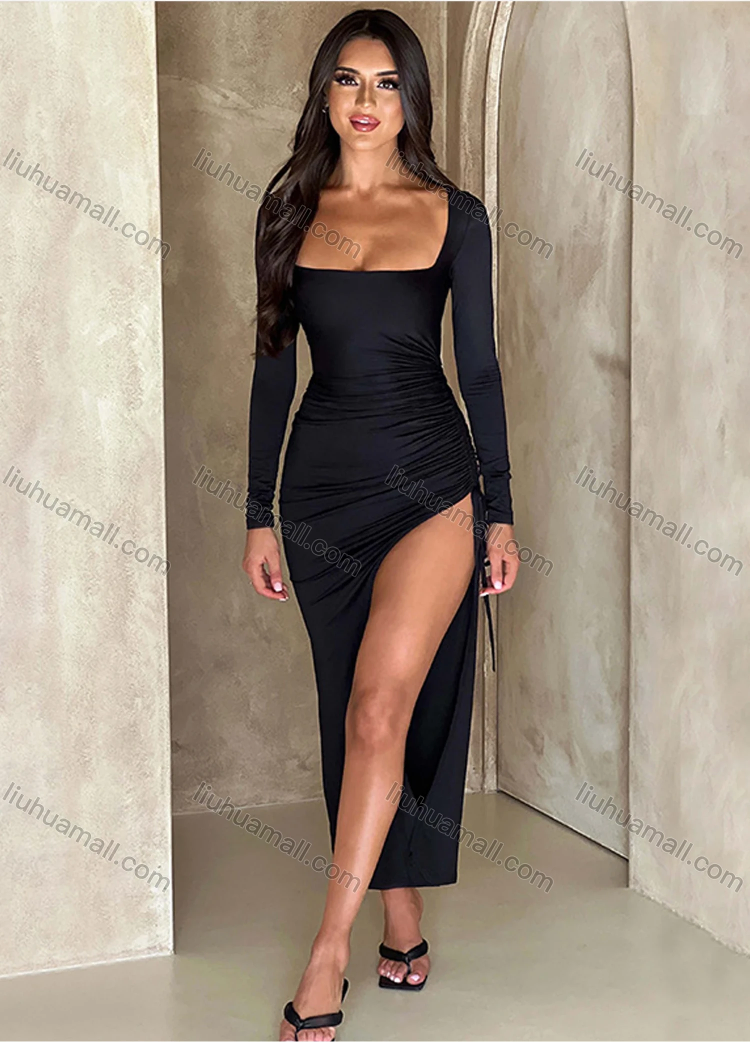 Wholesale Women's Elegant Square Neck Long Sleeve Split Thign Maxi Evening Dress - Liuhuamall