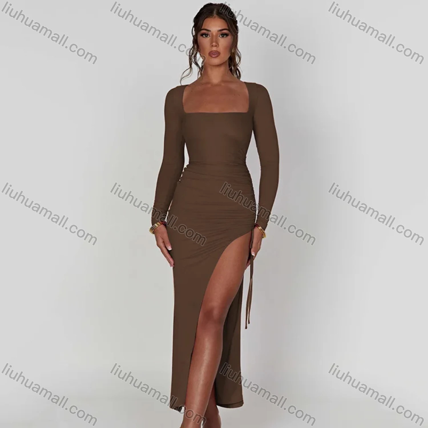 Wholesale Women's Elegant Square Neck Long Sleeve Split Thign Maxi Evening Dress - Liuhuamall