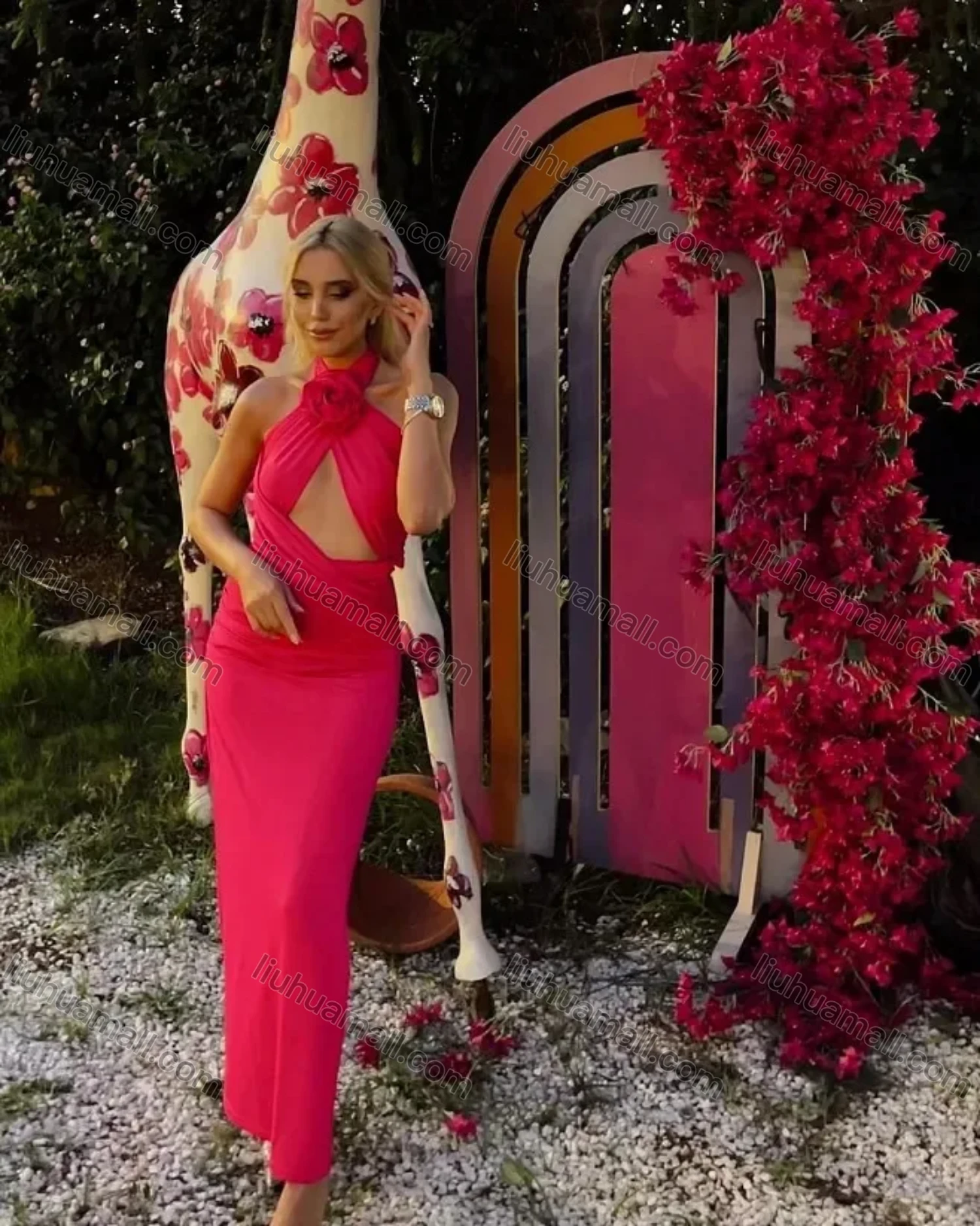 Wholesale Women's Sexy Halter Open Back 3D Floral Wrap Cut Out Maxi Evening Dress - Liuhuamall