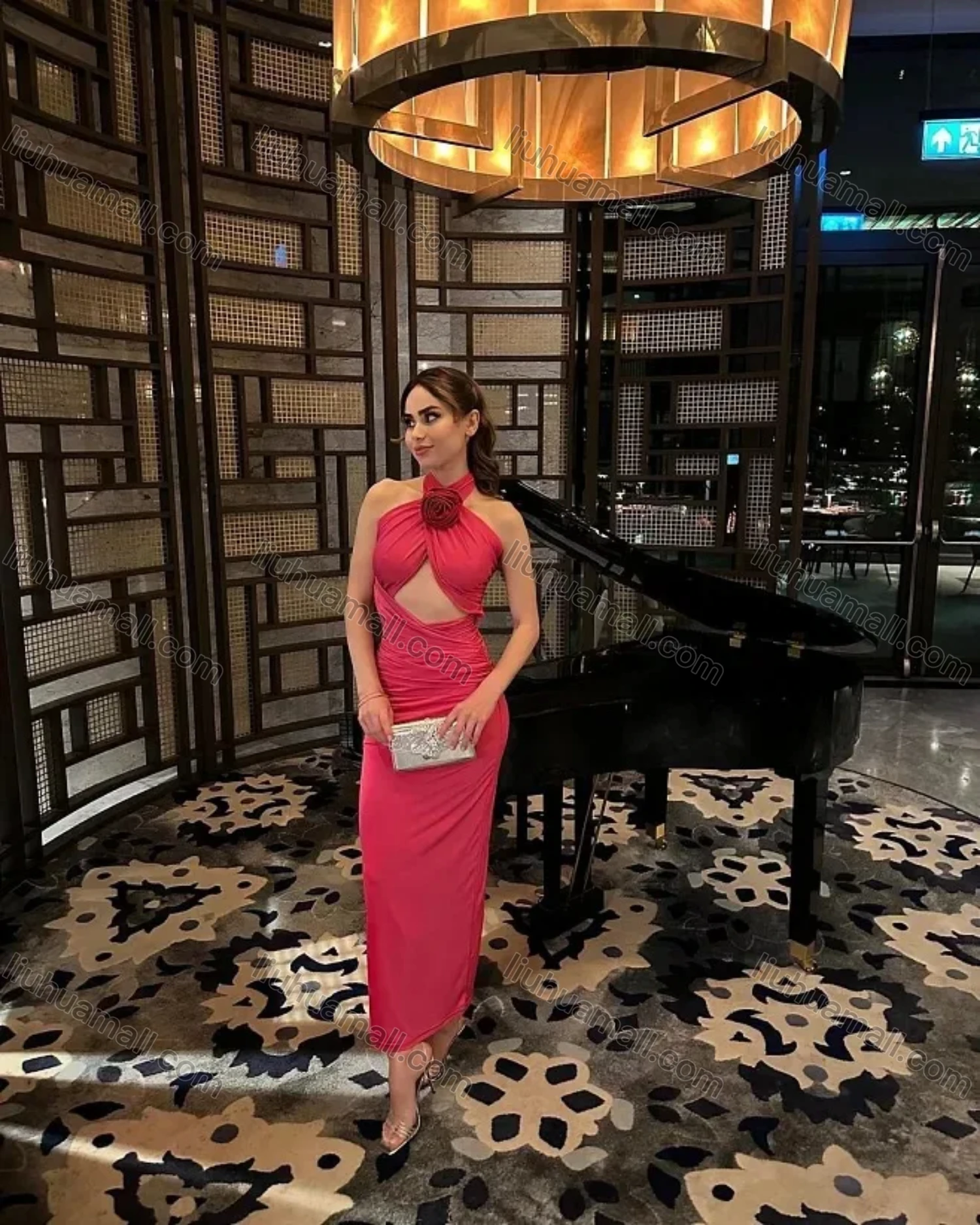 Wholesale Women's Sexy Halter Open Back 3D Floral Wrap Cut Out Maxi Evening Dress - Liuhuamall