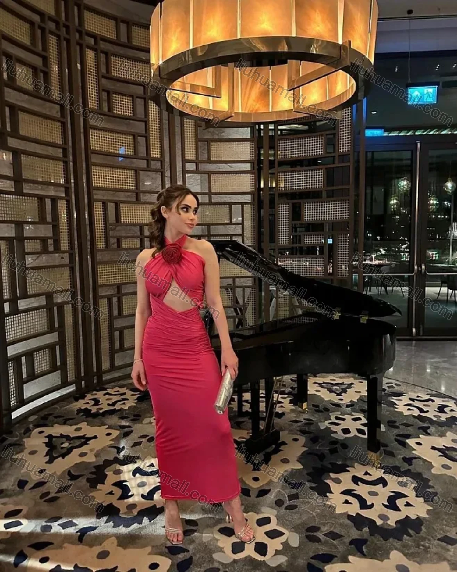 Wholesale Women's Sexy Halter Open Back 3D Floral Wrap Cut Out Maxi Evening Dress - Liuhuamall