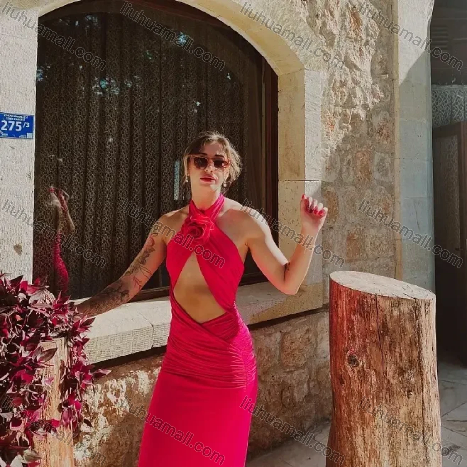 Wholesale Women's Sexy Halter Open Back 3D Floral Wrap Cut Out Maxi Evening Dress - Liuhuamall