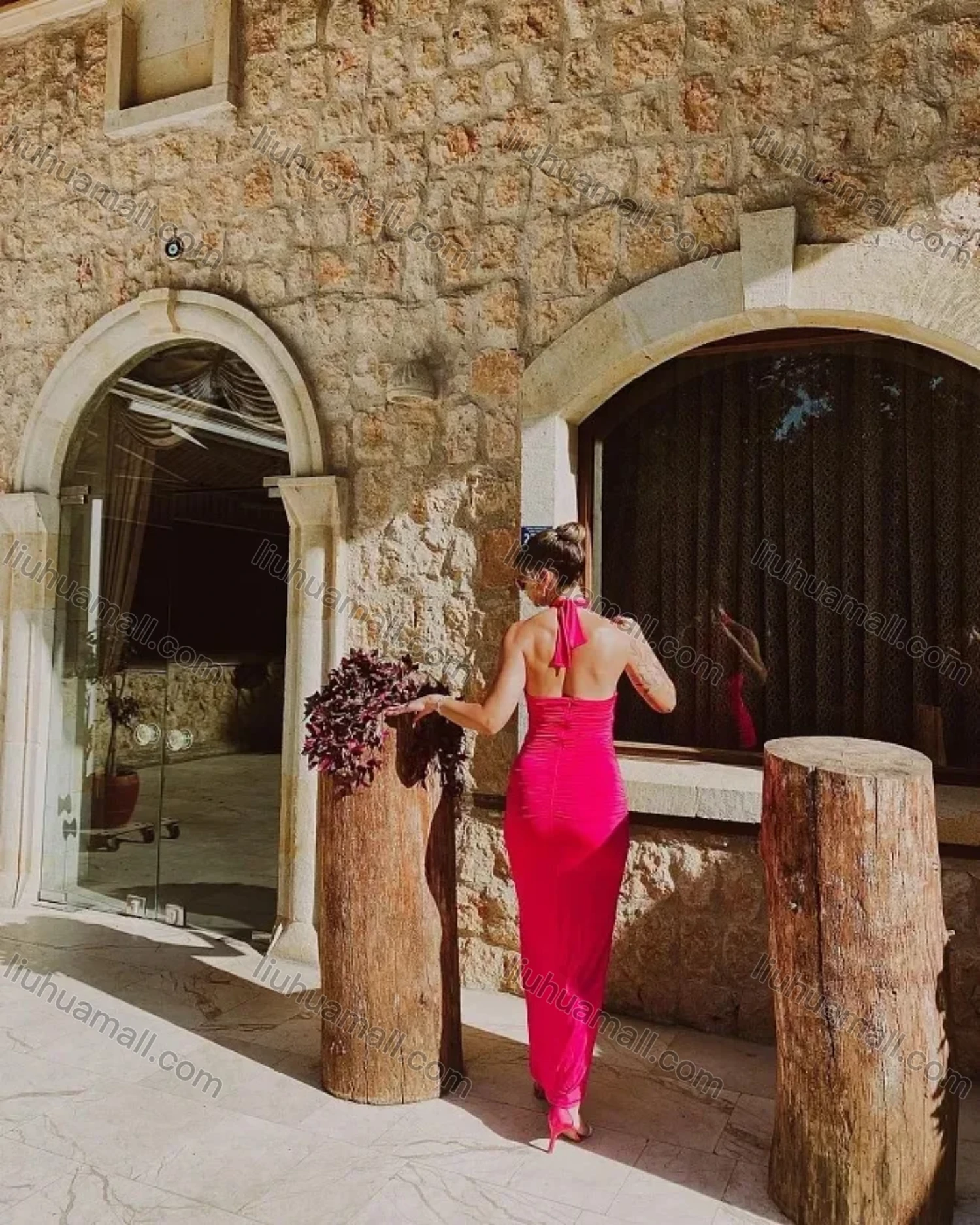 Wholesale Women's Sexy Halter Open Back 3D Floral Wrap Cut Out Maxi Evening Dress - Liuhuamall