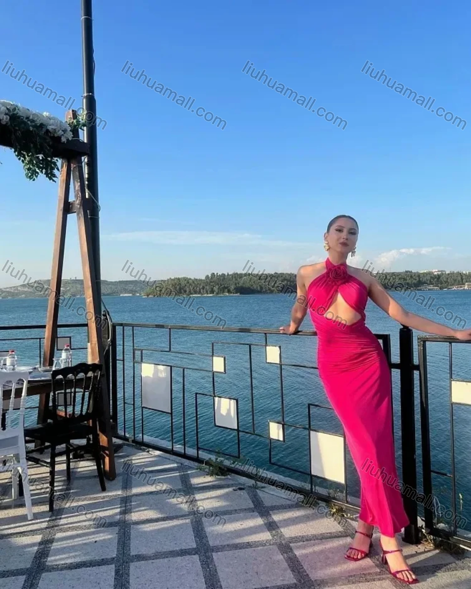 Wholesale Women's Sexy Halter Open Back 3D Floral Wrap Cut Out Maxi Evening Dress - Liuhuamall