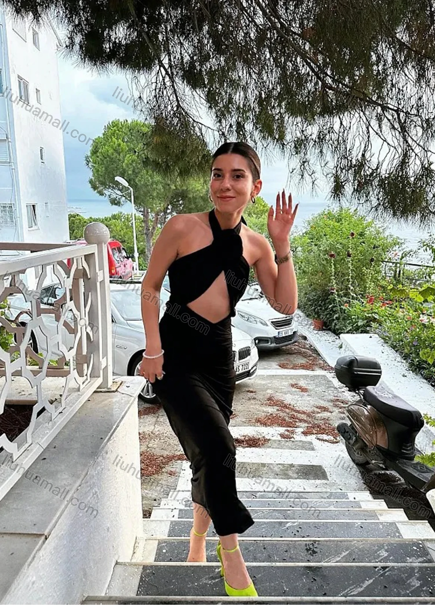 Wholesale Women's Sexy Halter Open Back 3D Floral Wrap Cut Out Maxi Evening Dress - Liuhuamall