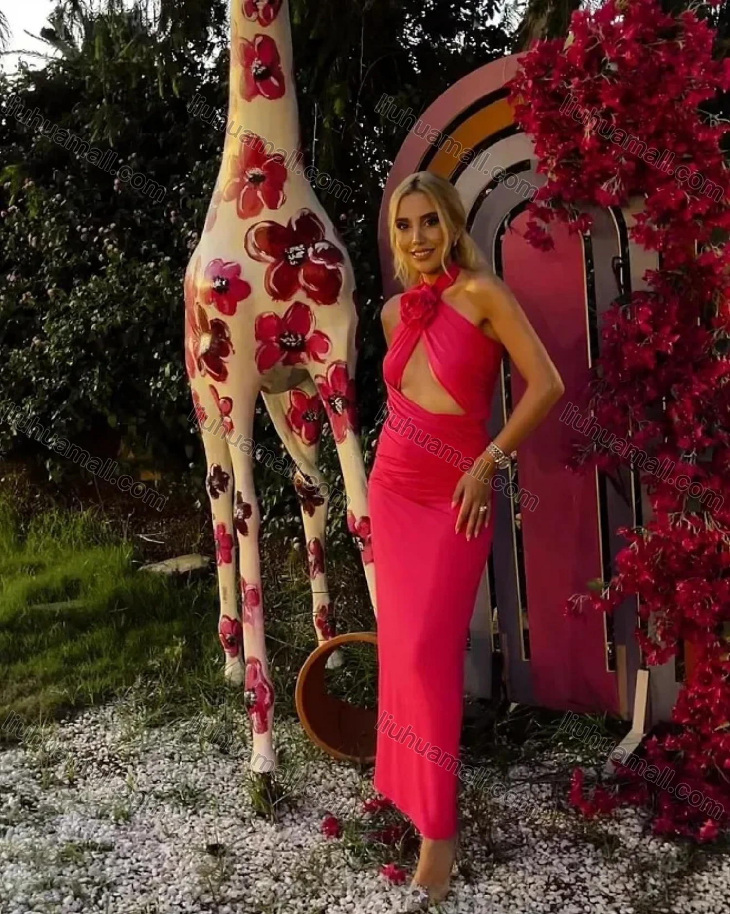 Wholesale Women's Sexy Halter Open Back 3D Floral Wrap Cut Out Maxi Evening Dress - Liuhuamall