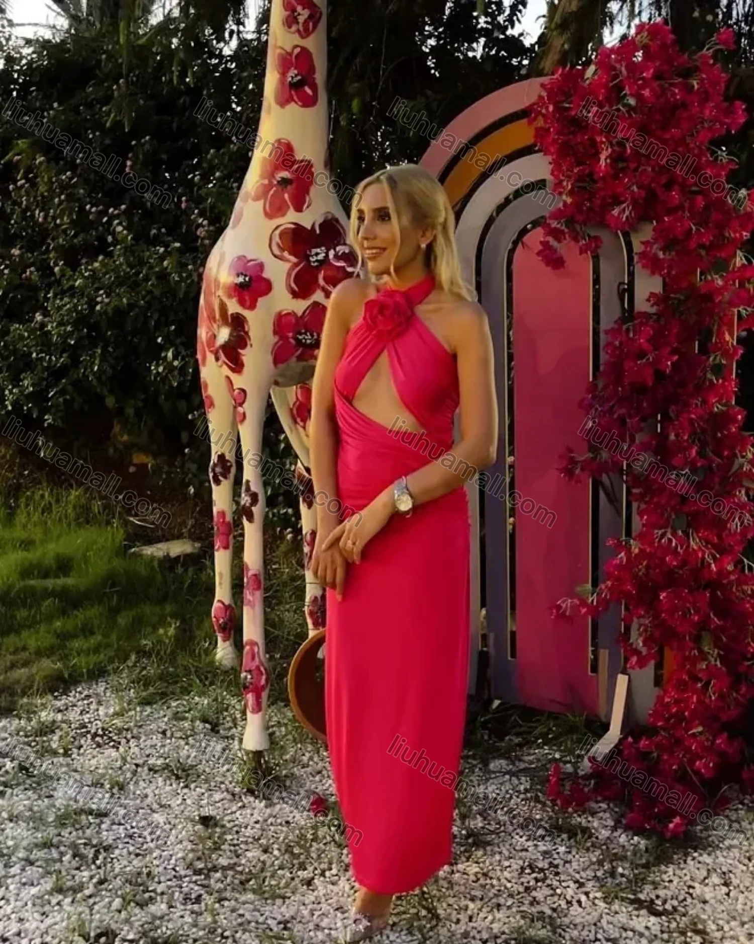 Wholesale Women's Sexy Halter Open Back 3D Floral Wrap Cut Out Maxi Evening Dress - Liuhuamall