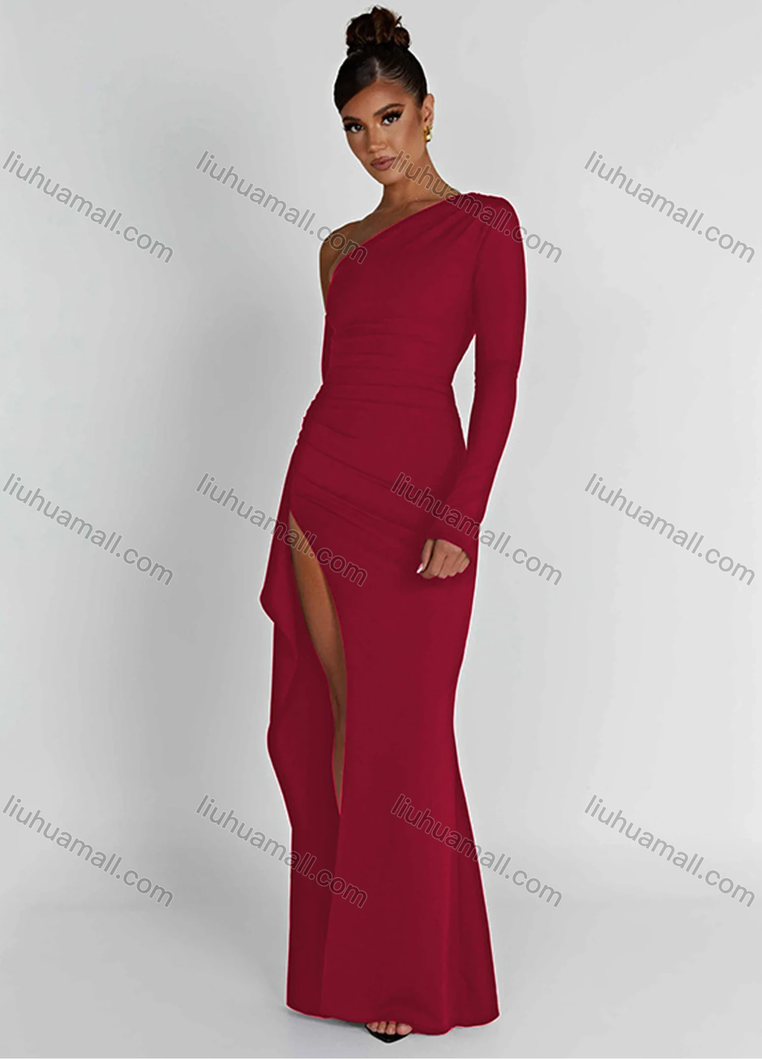 Wholesale Women's Elegant One Shoulder Long Sleeve Split Thign Floor Length Evening Dress - Liuhuamall