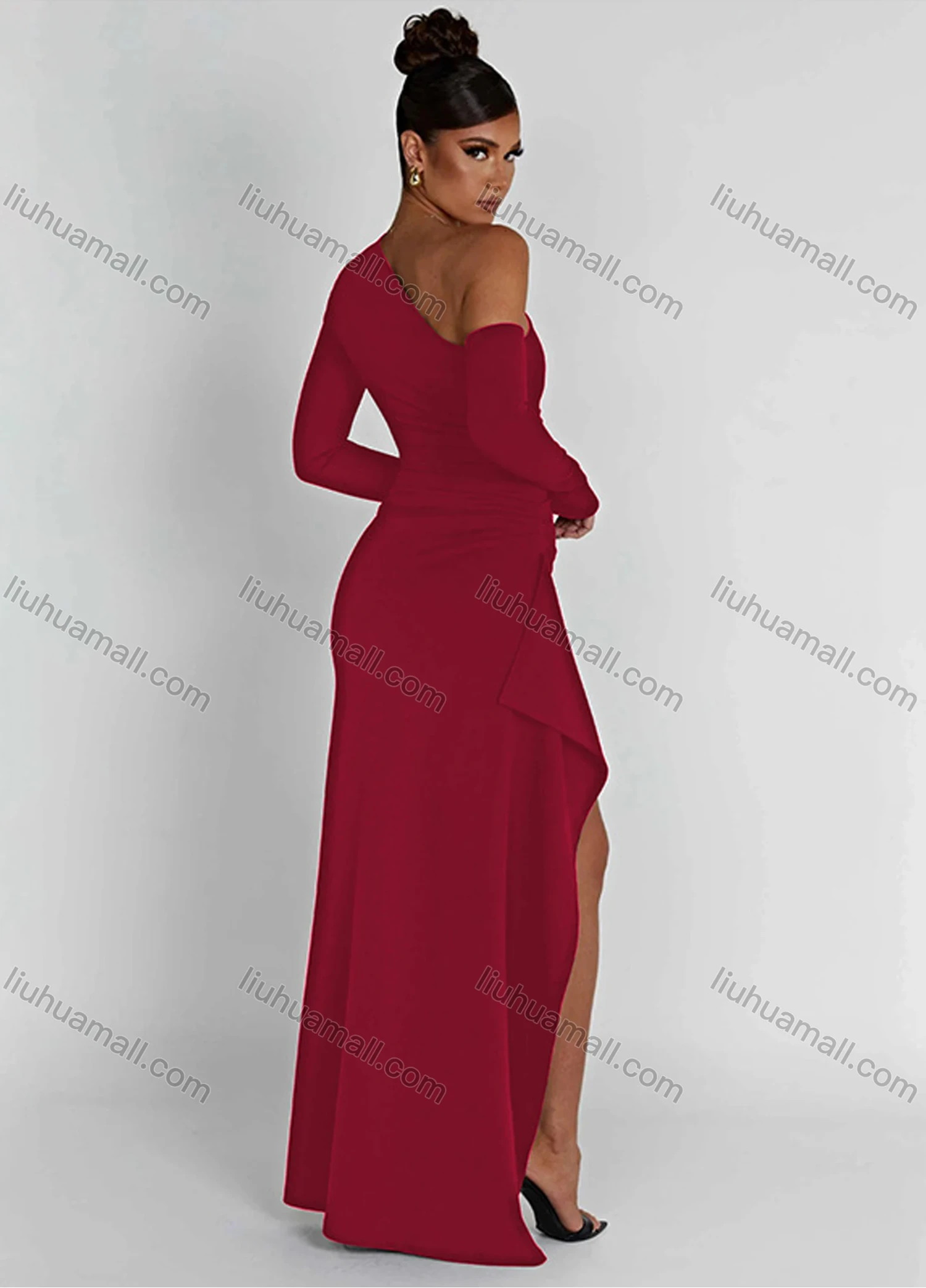 Wholesale Women's Elegant One Shoulder Long Sleeve Split Thign Floor Length Evening Dress - Liuhuamall