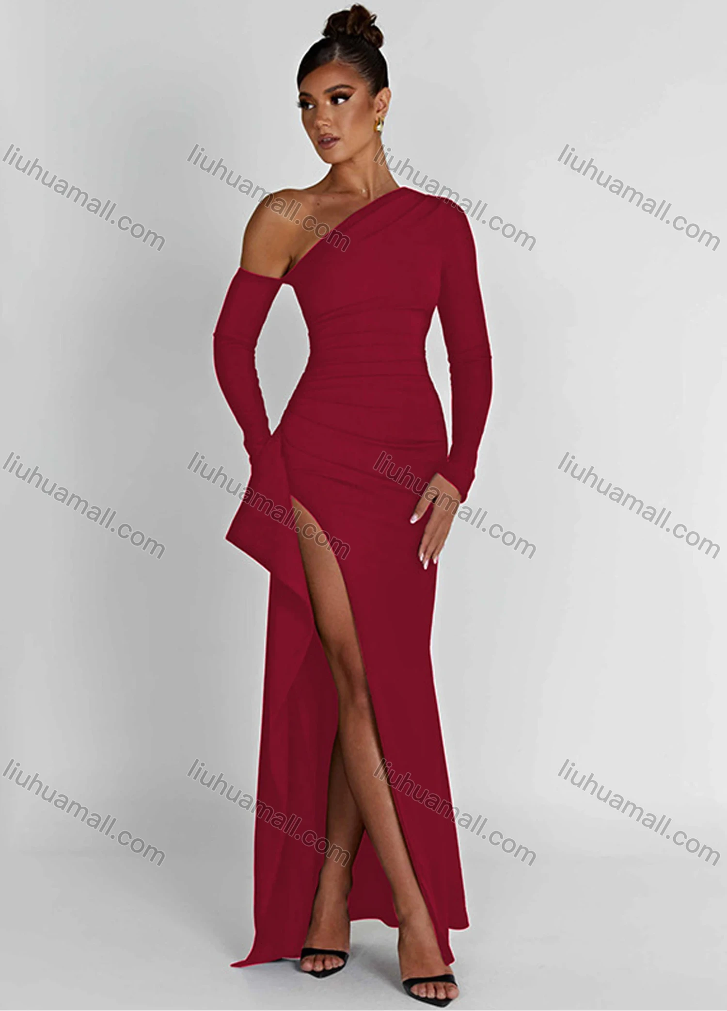 Wholesale Women's Elegant One Shoulder Long Sleeve Split Thign Floor Length Evening Dress - Liuhuamall