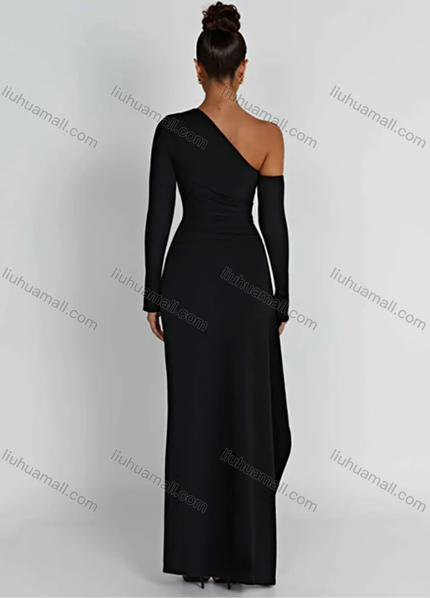 Wholesale Women's Elegant One Shoulder Long Sleeve Split Thign Floor Length Evening Dress - Liuhuamall