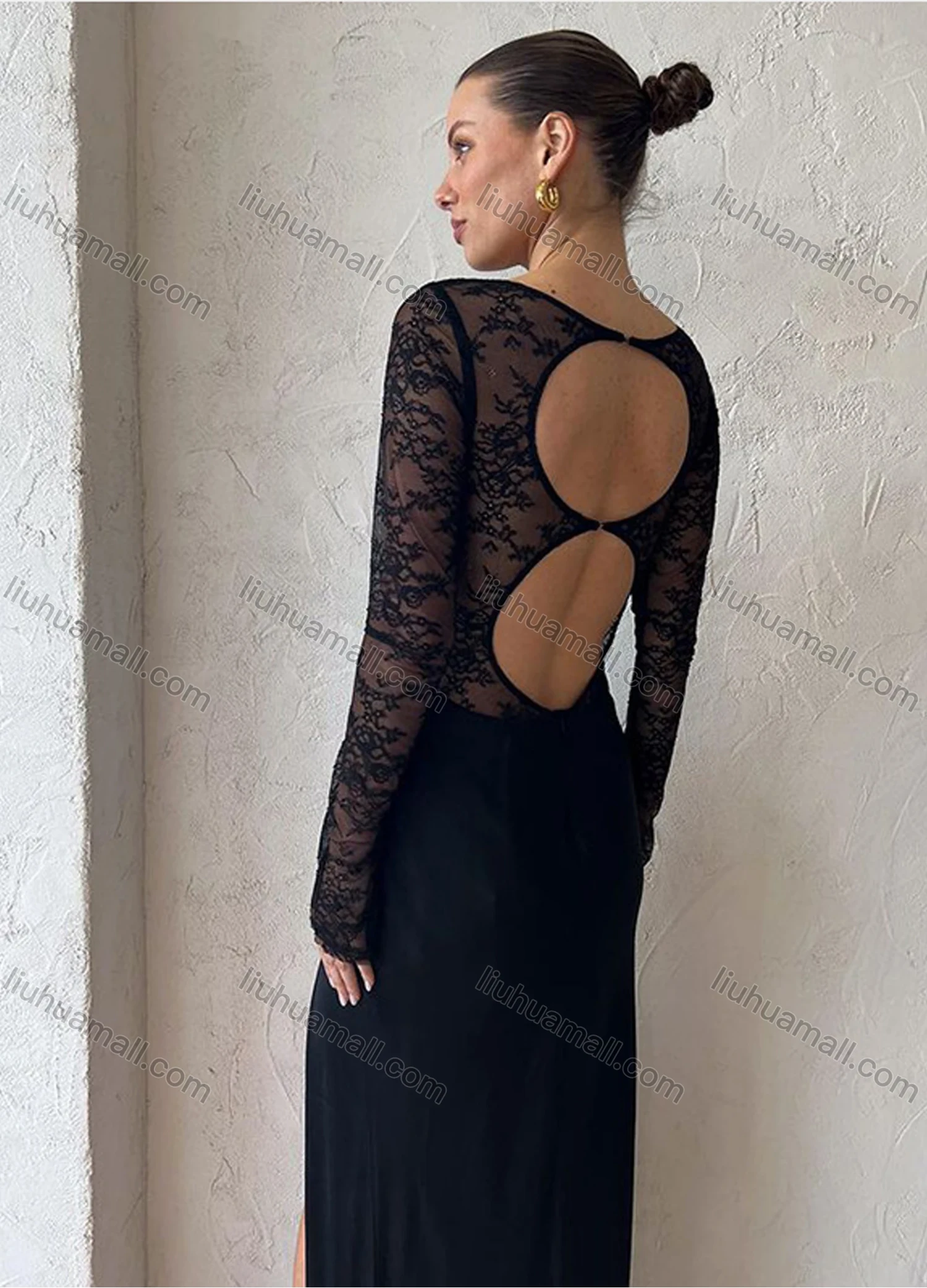 Wholesale Women's Elegant Long Sleeve Crew Neck Guipure Lace Splicing Cut Out Split Thign Maxi Dress - Liuhuamall