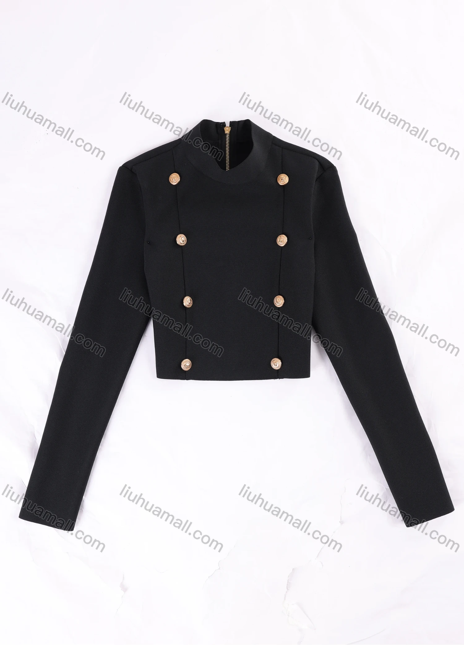 Wholesale Women's Elegant Long Sleeve Stand Collar Button Decor Crop Blouse - Liuhuamall