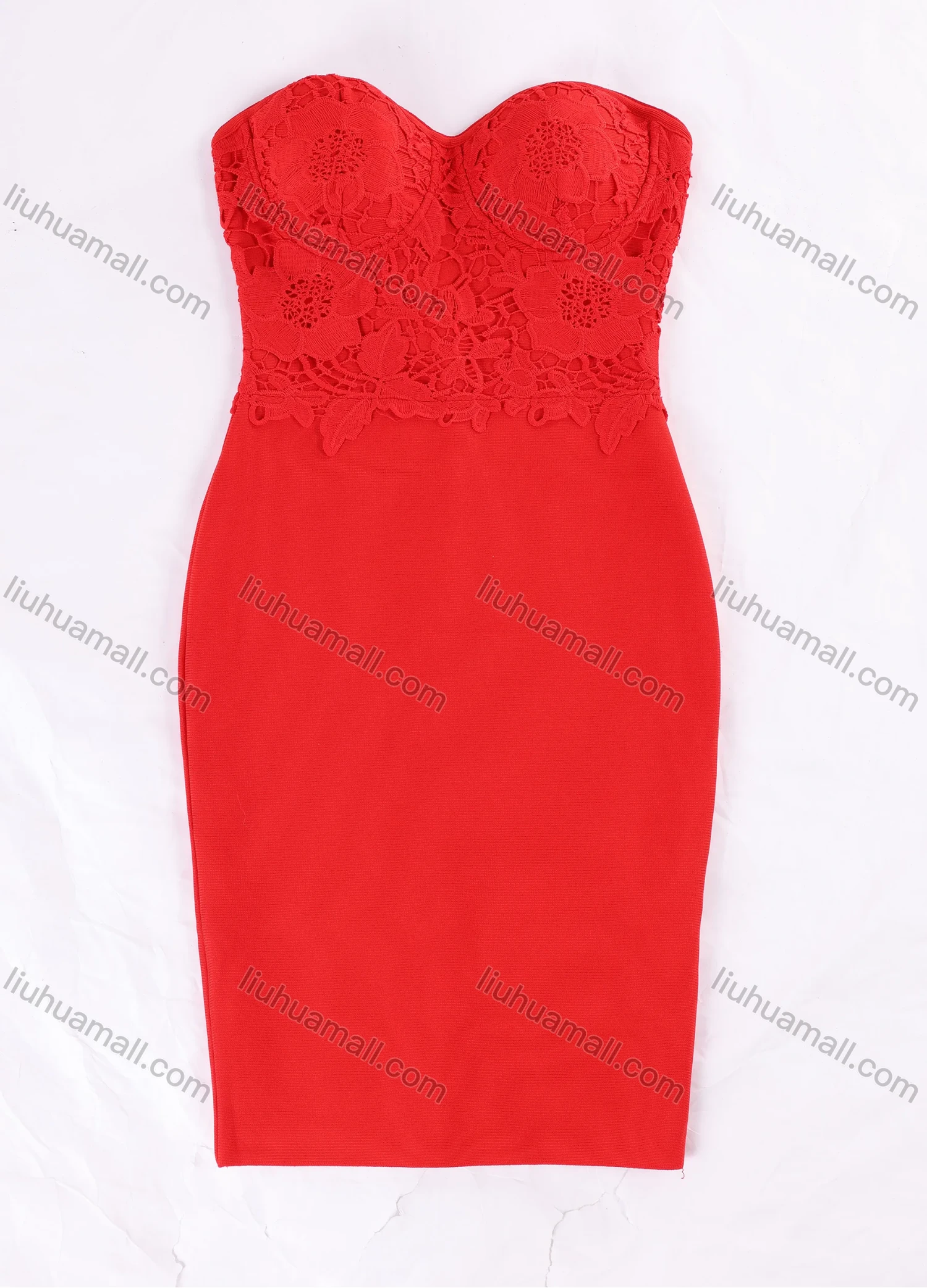 Wholesale Women's Elegant Strapless Guipure Lace Bodycon Evening Dress - Liuhuamall