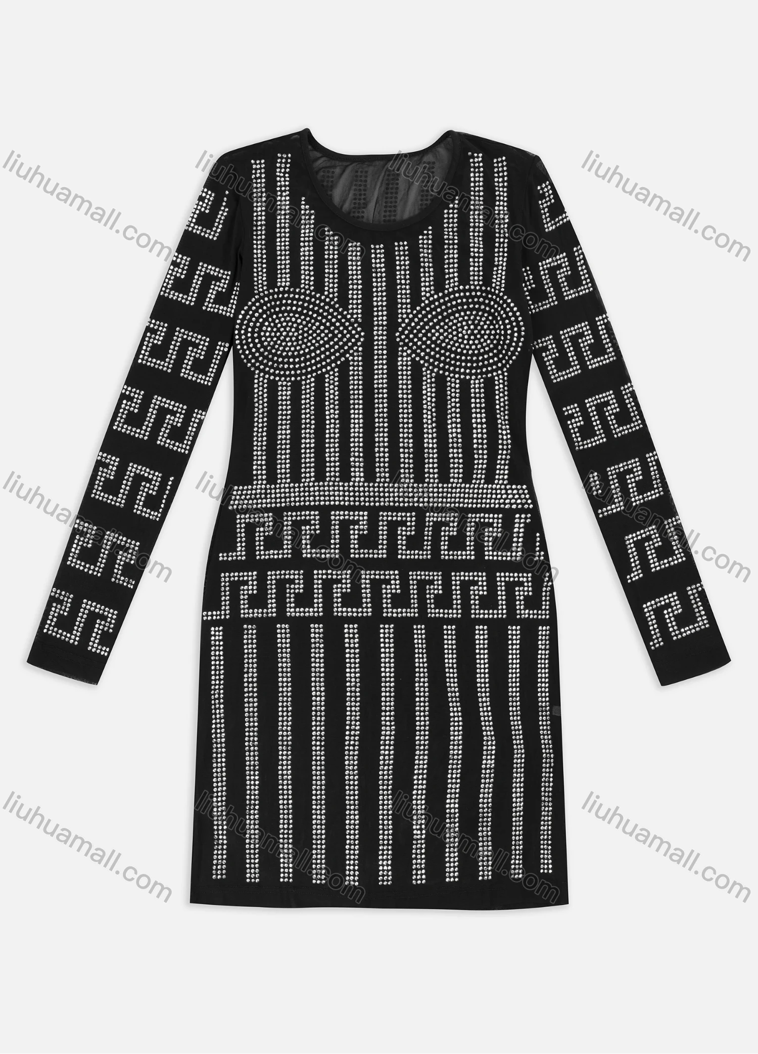 Wholesale Women's Fashion Plain Rhinestone Crew Neck Long Sleeve Bodycon Short Dress XM-07# - Liuhuamall