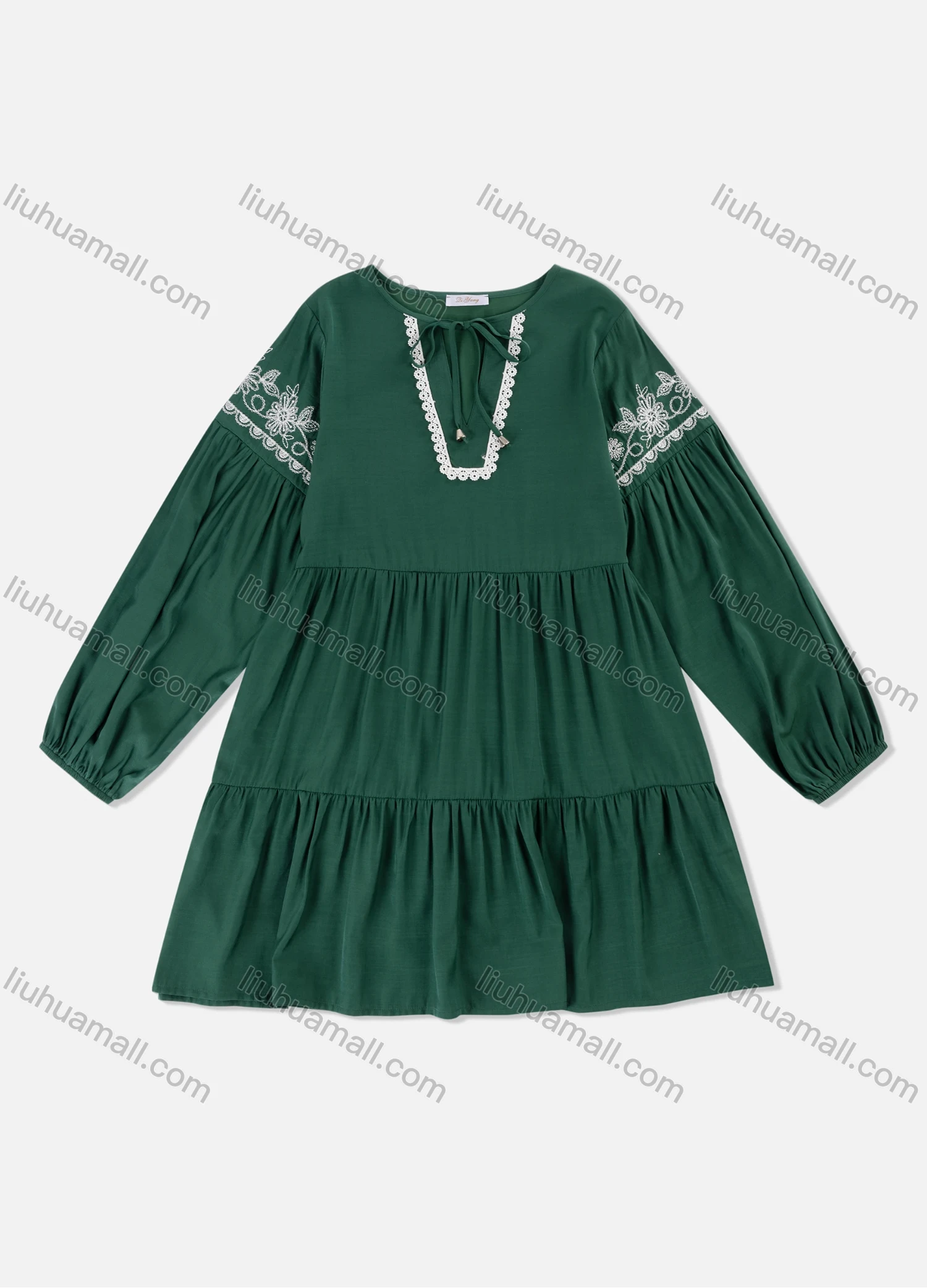 Wholesale Women's Casual Embroidery Floral Print Crew Neck Ruffle Hem Ruched Splicing Lace Trim Tie Front Dress A1309-2# - Liuhuamall