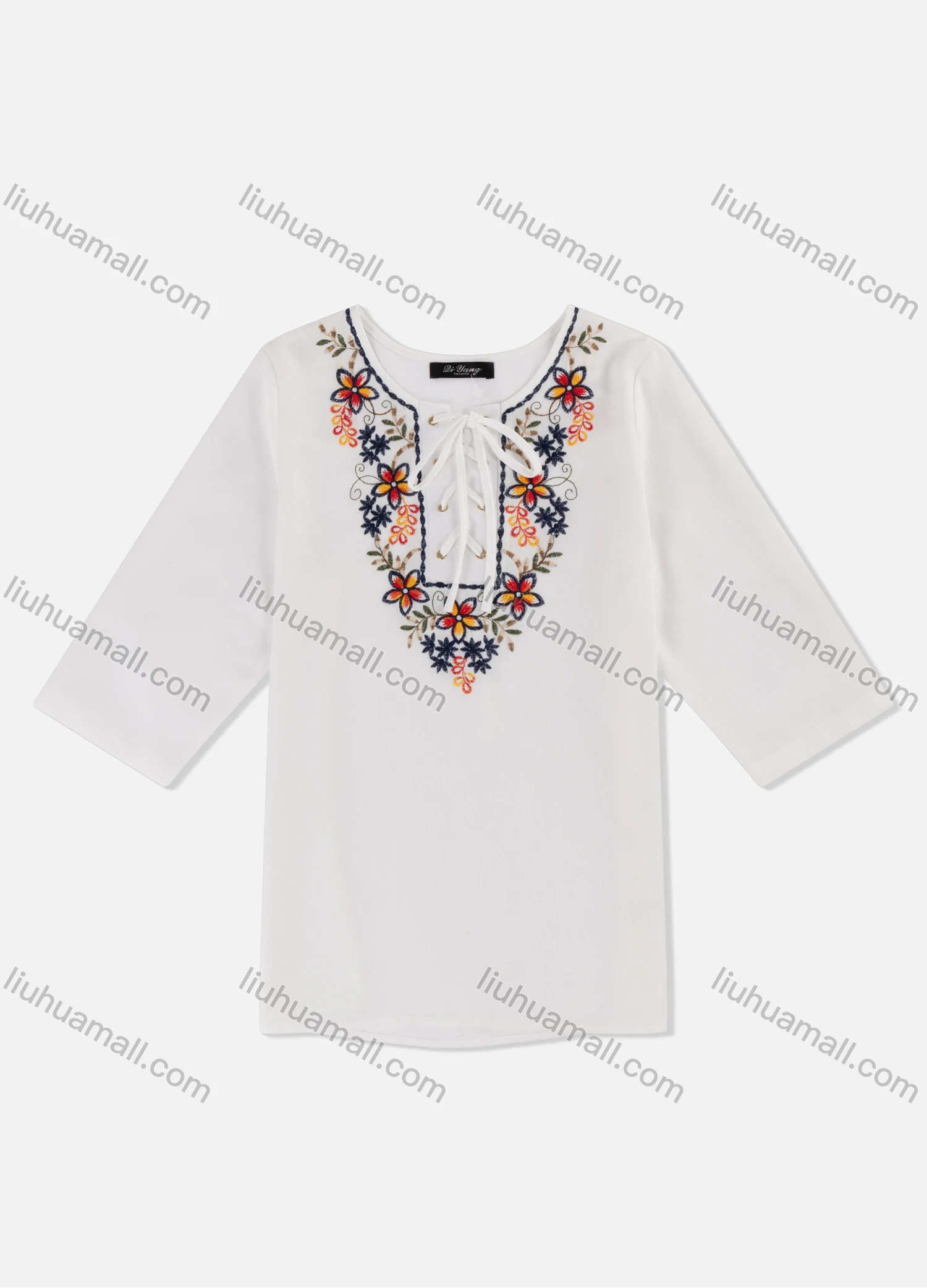Wholesale Women's Casual Embroidery Floral Print Crew Neck Lace Up Half Sleeve Blouse A1309-3# - Liuhuamall